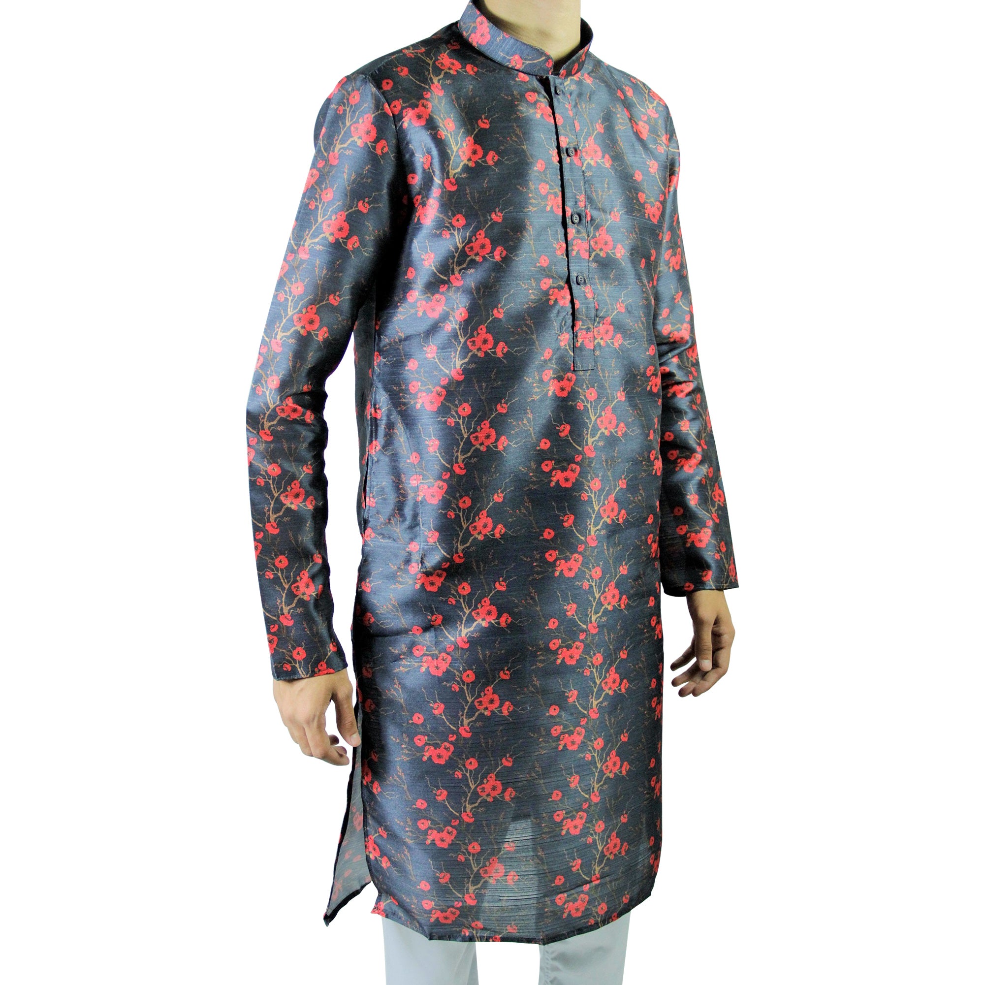 Hijaz Men's Dark Blue Cotton Cherry Blossom Asian Kurta Shirt # MK042 ...