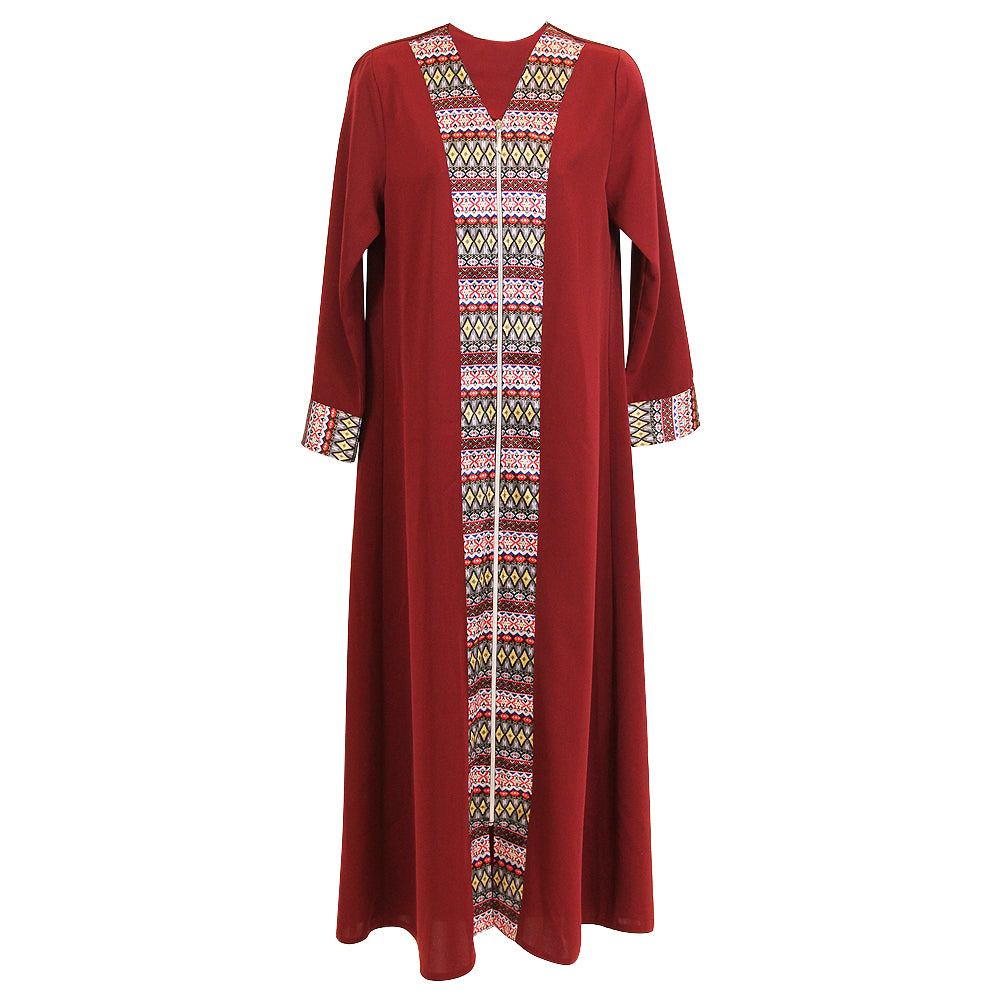 Cherry Red Long Sleeve Modern Full Open Abaya with Print Pattern Design - S - Hijaz