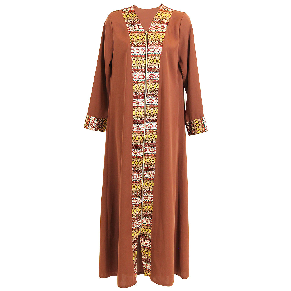 Clay Brown Red Long Sleeve Modern Full Open Abaya with Print Pattern Design - S - Hijaz