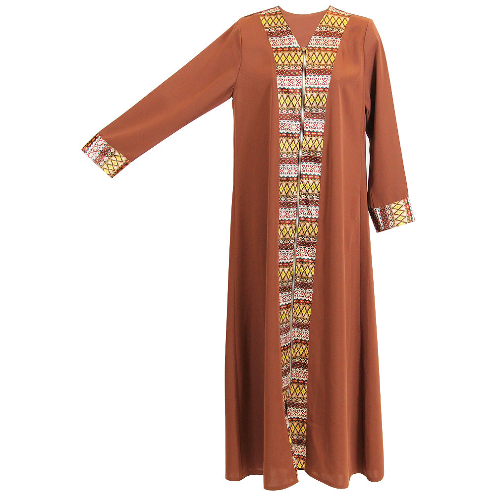 Clay Brown Red Long Sleeve Modern Full Open Abaya with Print Pattern Design - S - Hijaz