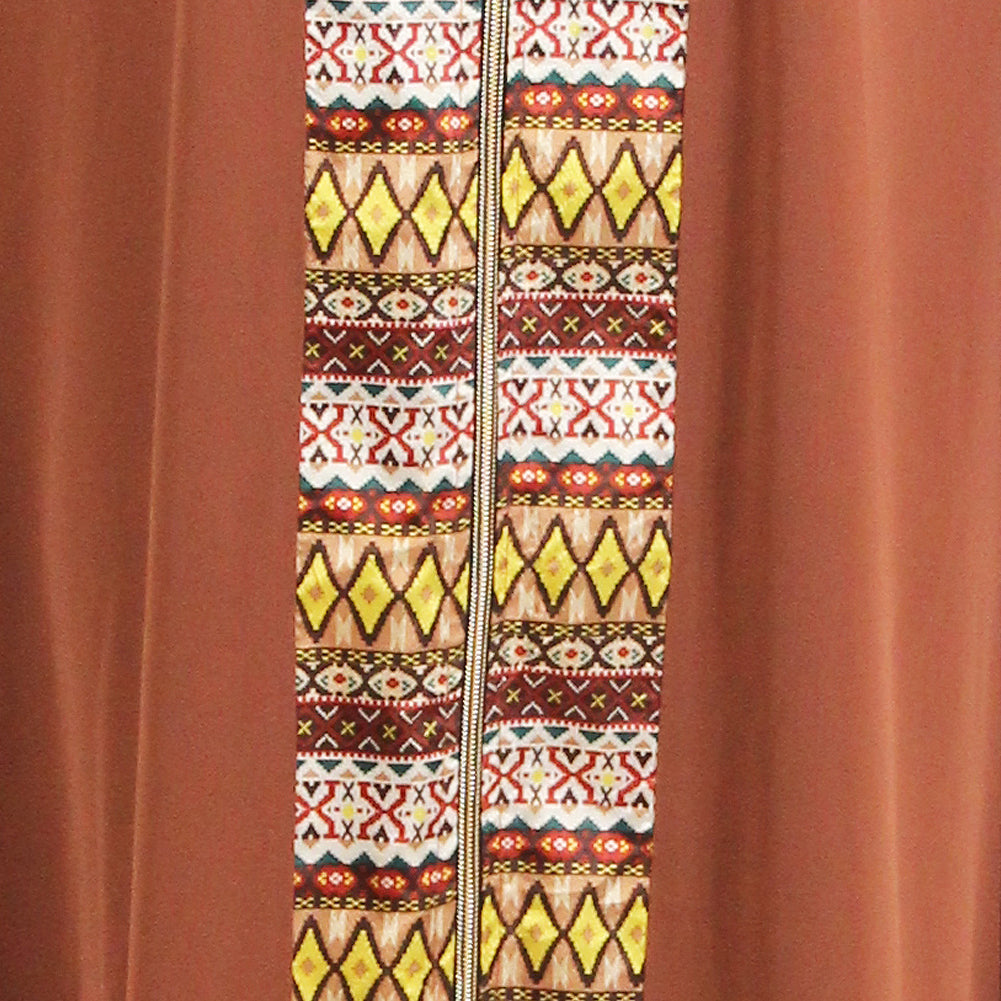 Clay Brown Red Long Sleeve Modern Full Open Abaya with Print Pattern Design - S - Hijaz