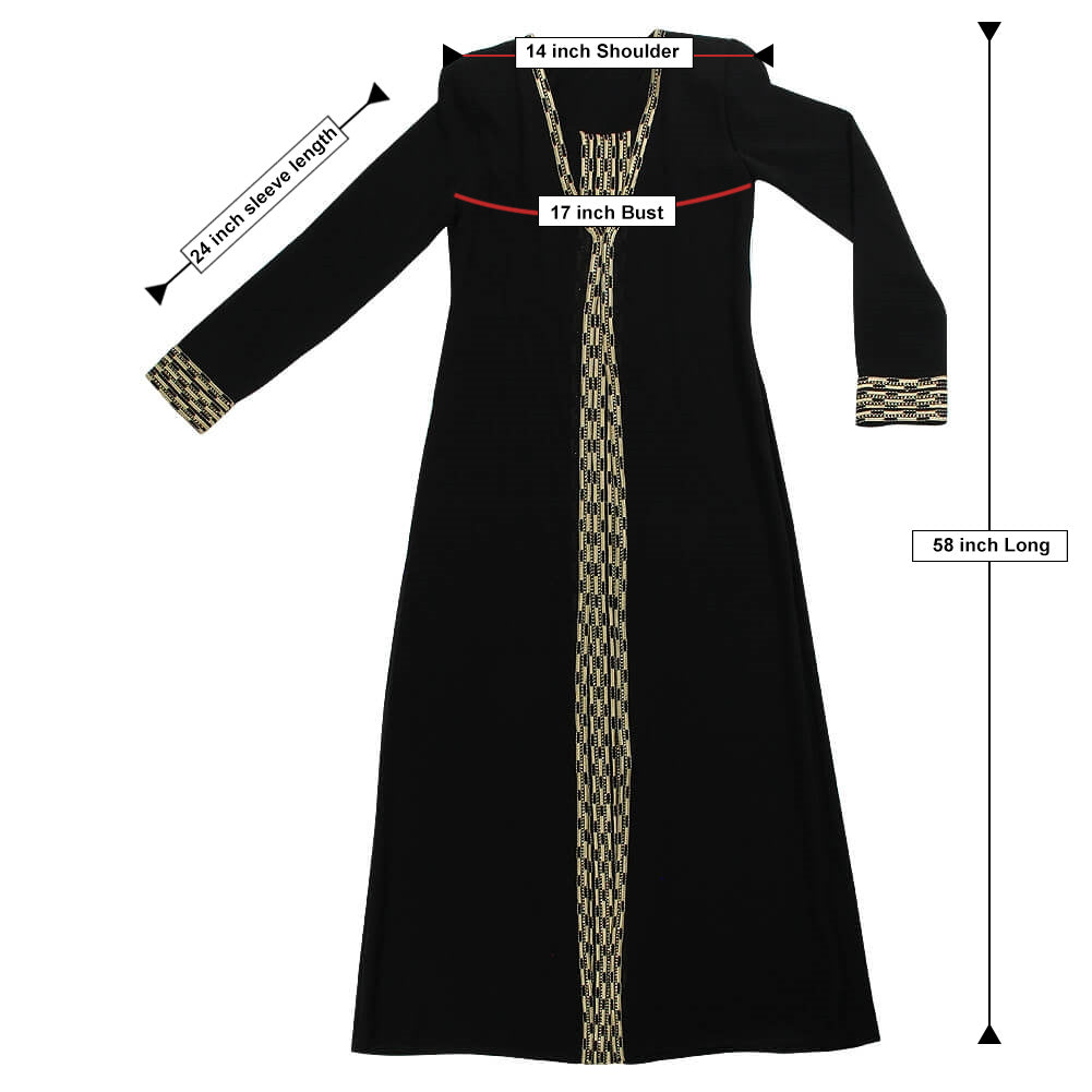 Women's Black Abaya Dress with Attached Covering and Gold Embroidered Patterns - Hijaz