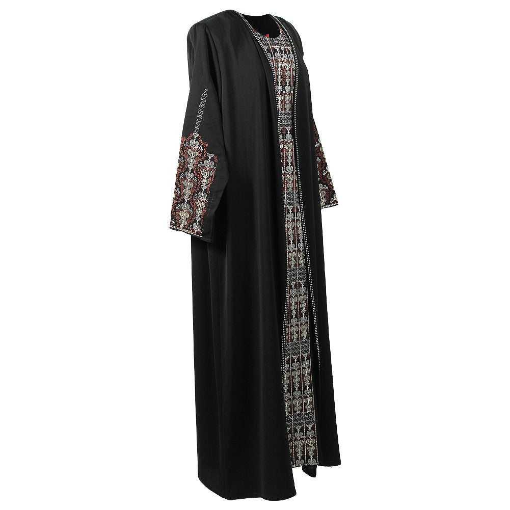 Women's Full Body Brown Candelabra Embroidery Two Layer Black Abaya Size 5 - Hijaz
