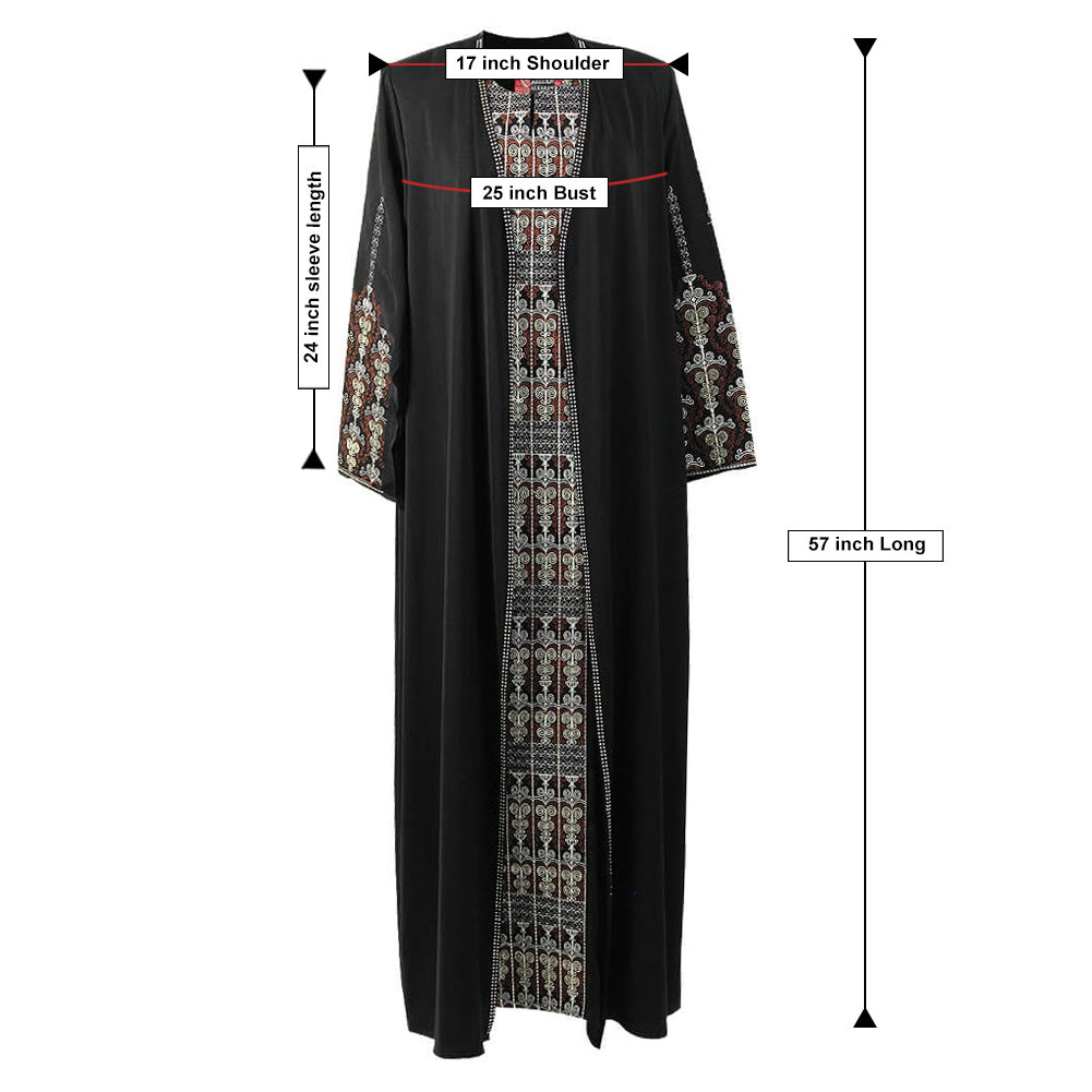 Women's Full Body Brown Candelabra Embroidery Two Layer Black Abaya Size 5 - Hijaz