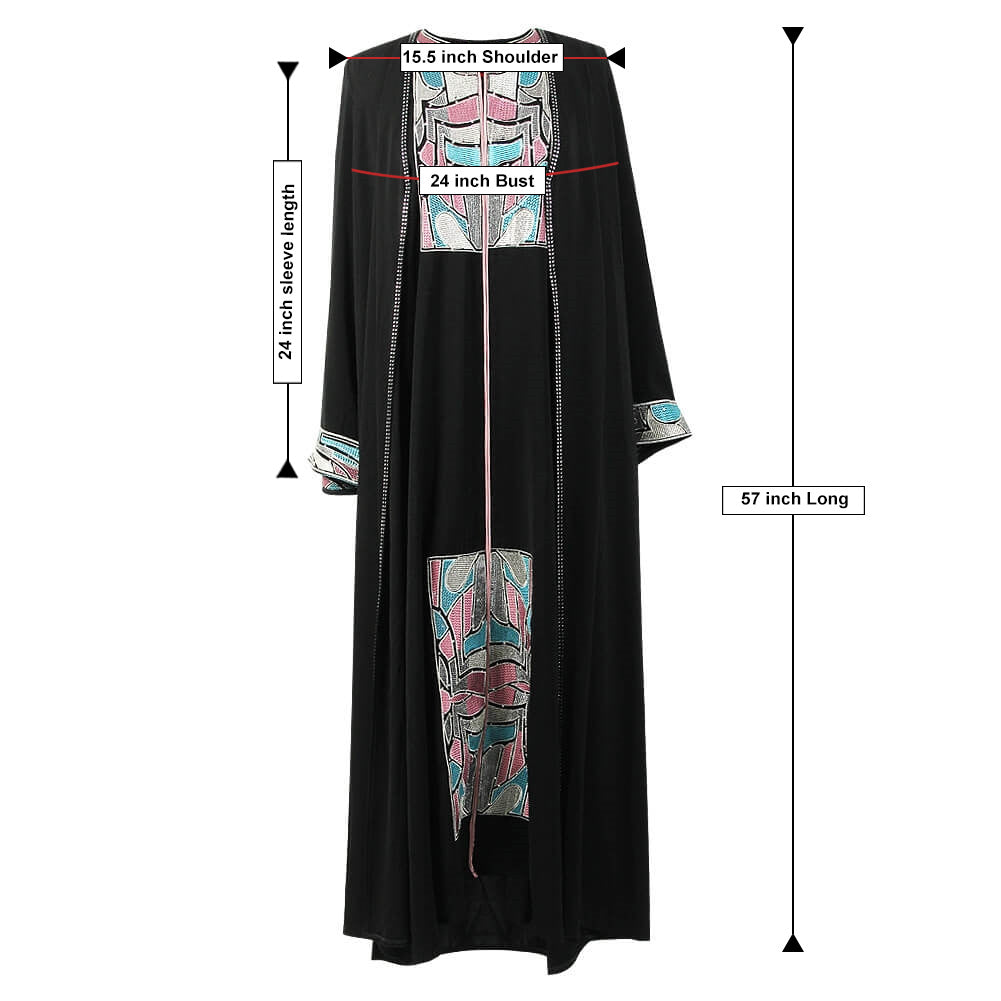 Women's Mosaic Mirrored Crest Embroidery Two Layer Black Abaya Size 6 - Hijaz