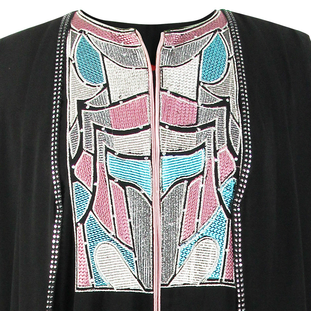 Women's Mosaic Mirrored Crest Embroidery Two Layer Black Abaya Size 6 - Hijaz
