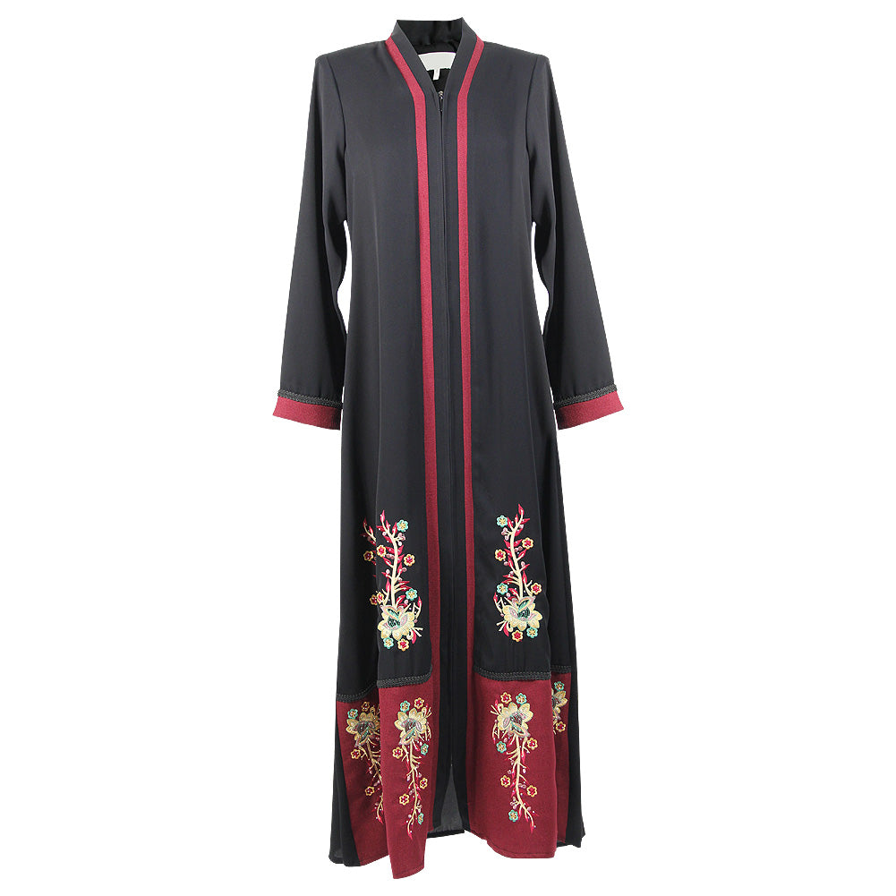 Women's Floral Embroidery and Full Body Zipper Black and Red Abaya Size 4 - Hijaz