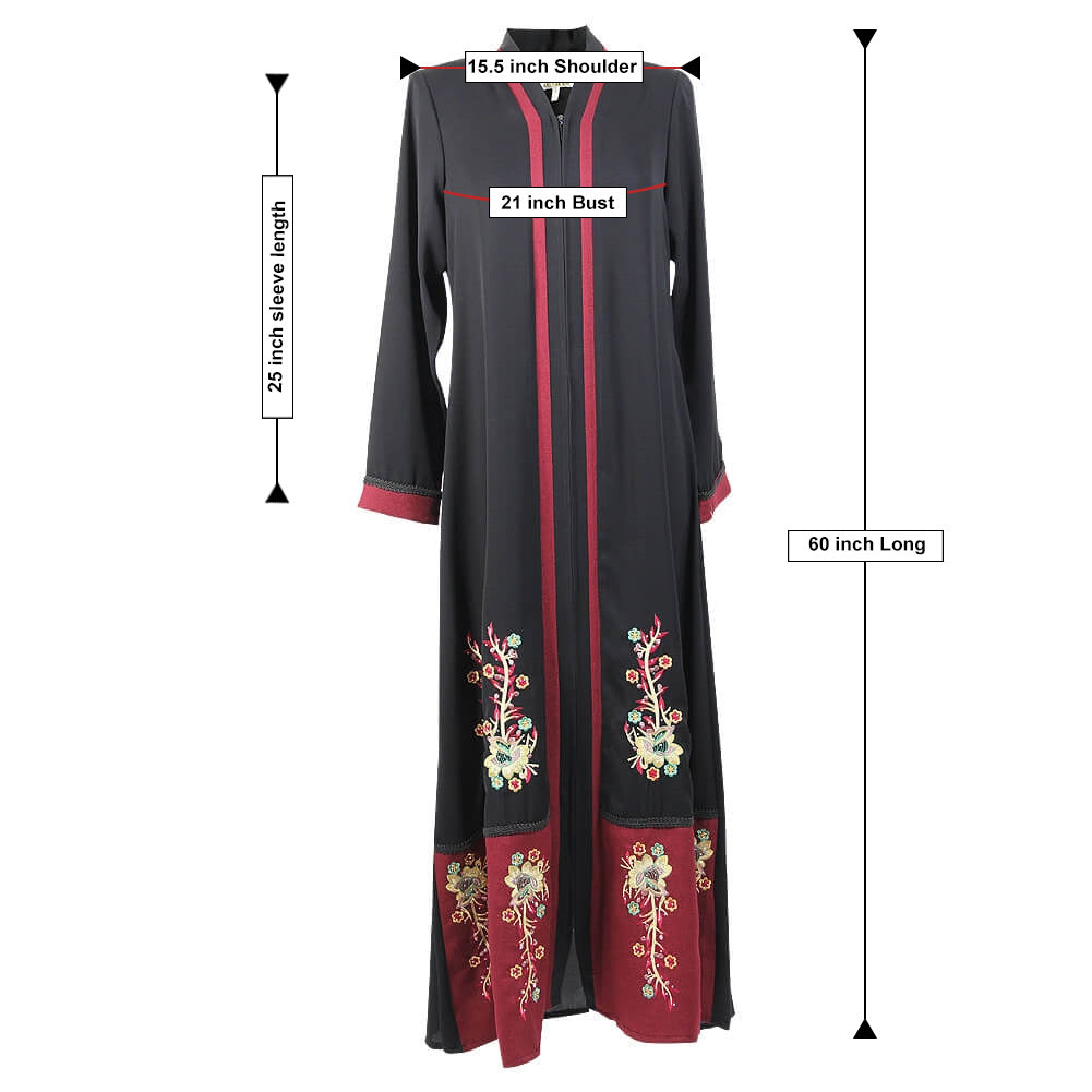 Women's Floral Embroidery and Full Body Zipper Black and Red Abaya Size 4 - Hijaz