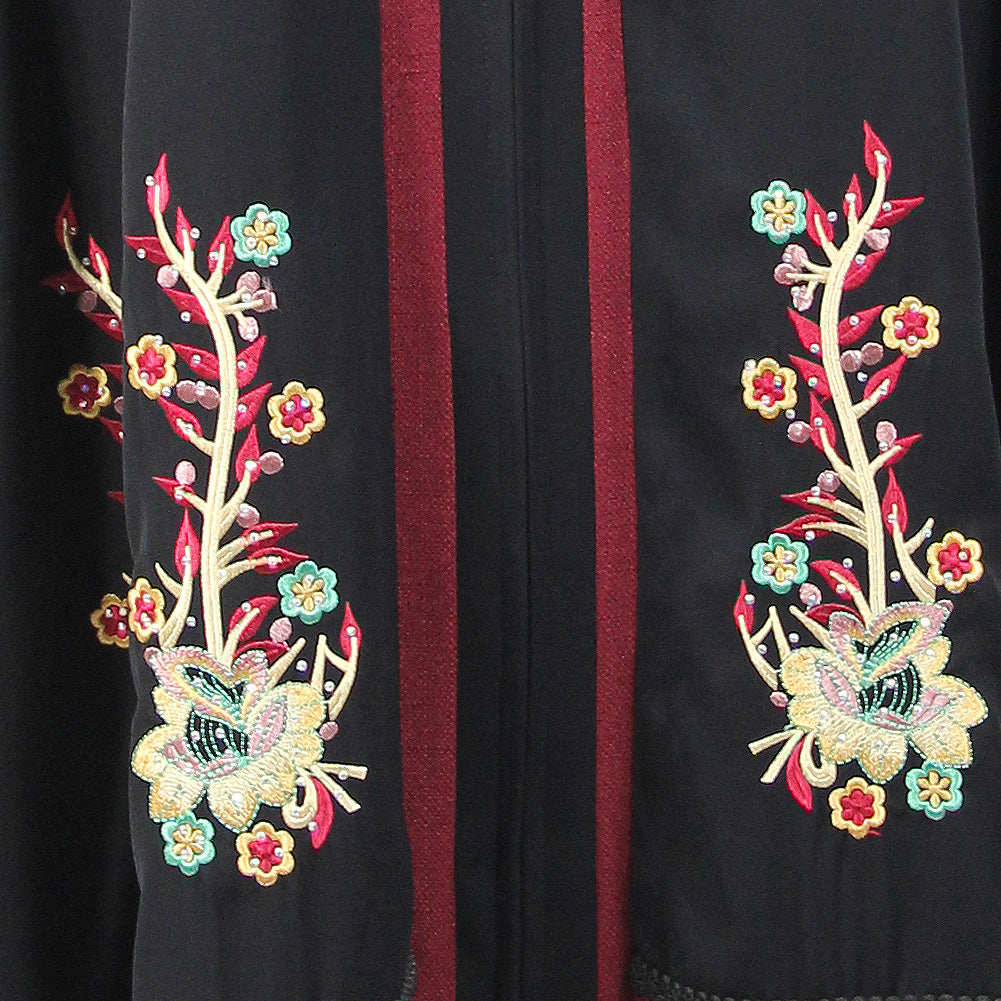 Women's Floral Embroidery and Full Body Zipper Black and Red Abaya Size 4 - Hijaz
