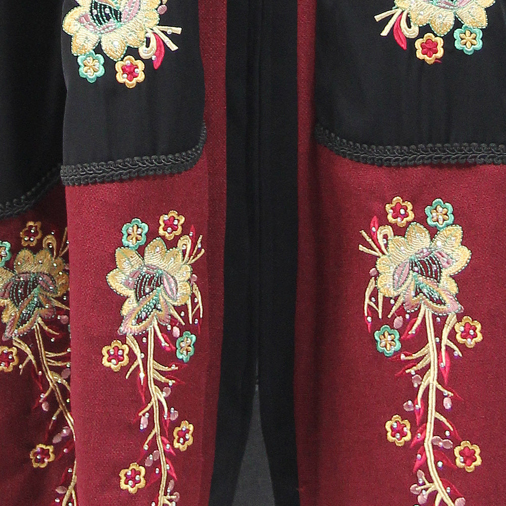 Women's Floral Embroidery and Full Body Zipper Black and Red Abaya Size 4 - Hijaz