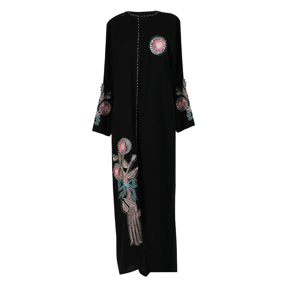 Black Abaya with Sewn Glass Beads and Shiny Embroidery - Hijaz