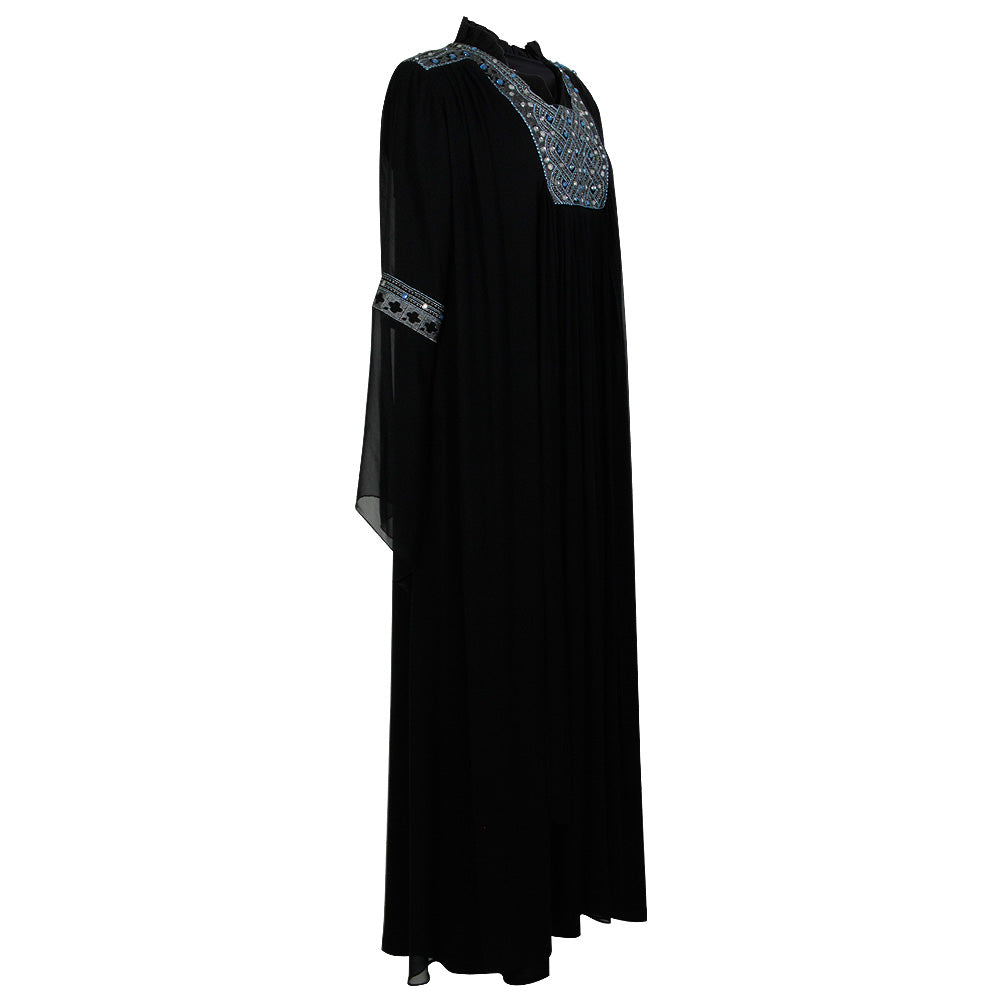 Blue Studded Embroidered Crest with Two Layer Black Abaya Size 4 - Hijaz