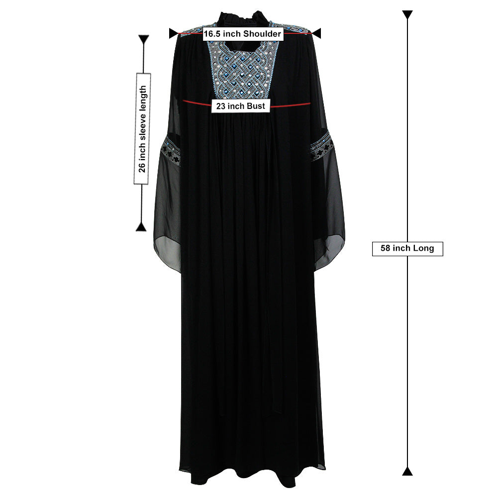 Blue Studded Embroidered Crest with Two Layer Black Abaya Size 4 - Hijaz