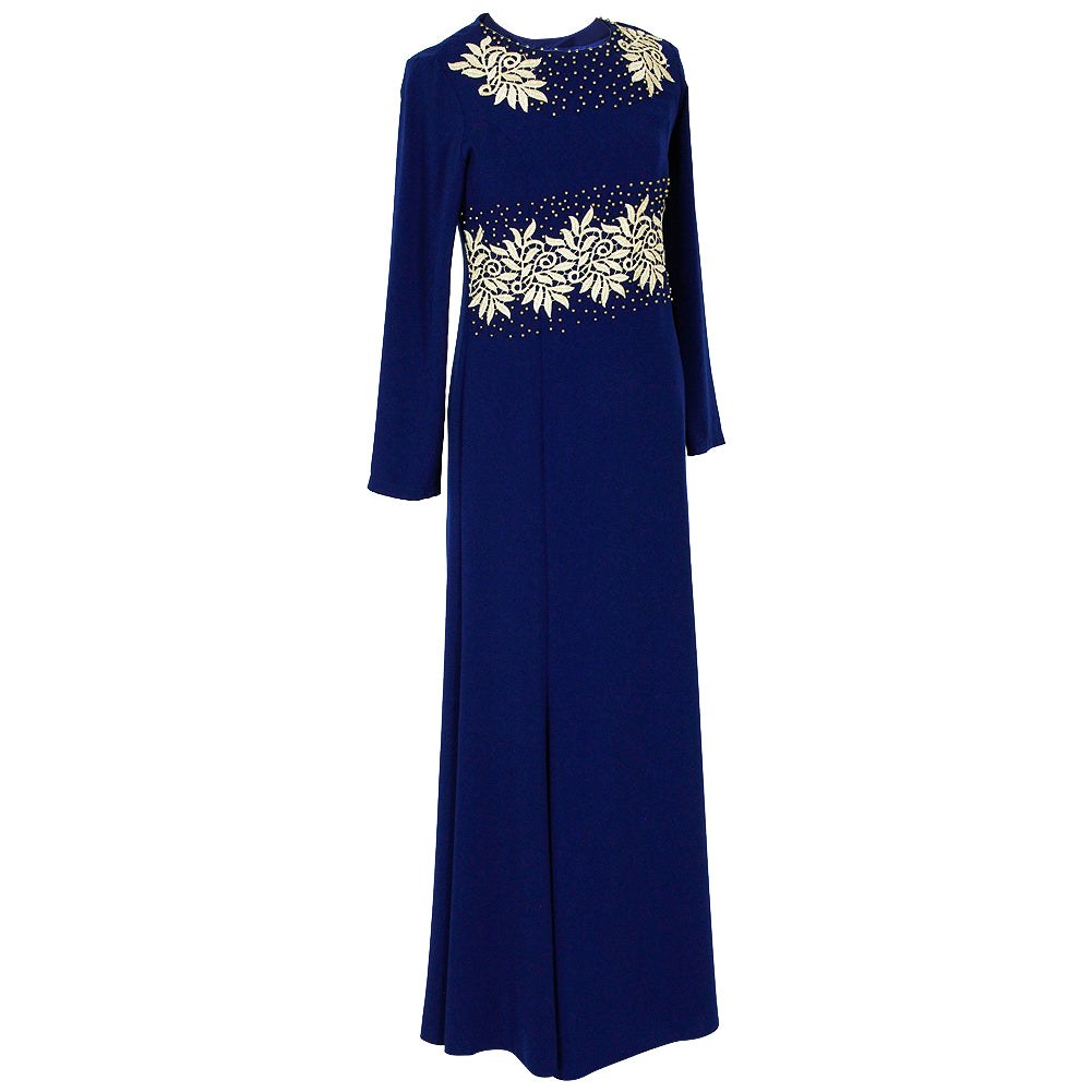 Gold Beads and Embroidery with Back Zipper Dark Blue Abaya - Hijaz