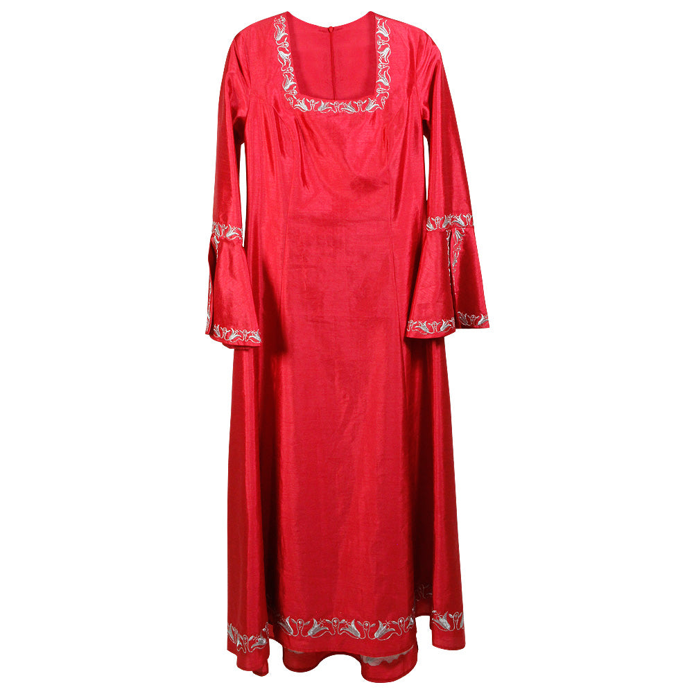Pleated Cuffs and White Embroidered Borders Red Abaya Size 3 - Hijaz