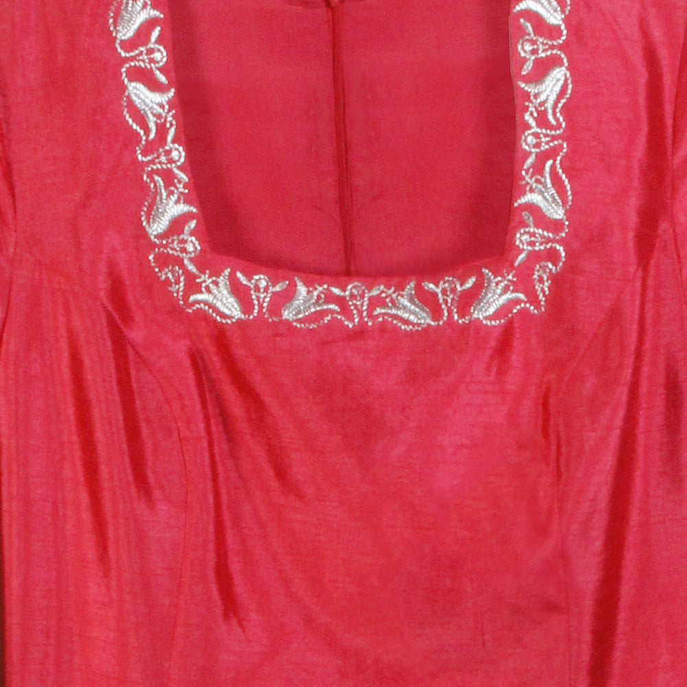 Pleated Cuffs and White Embroidered Borders Red Abaya Size 3 - Hijaz