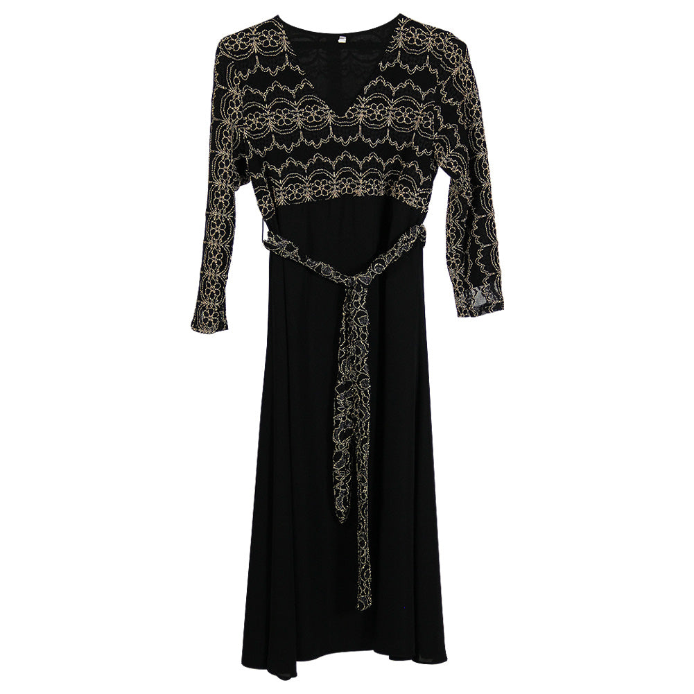 Girl's Gold Thread Long Sleeve Modern Abaya with Embroidered Belt - Hijaz