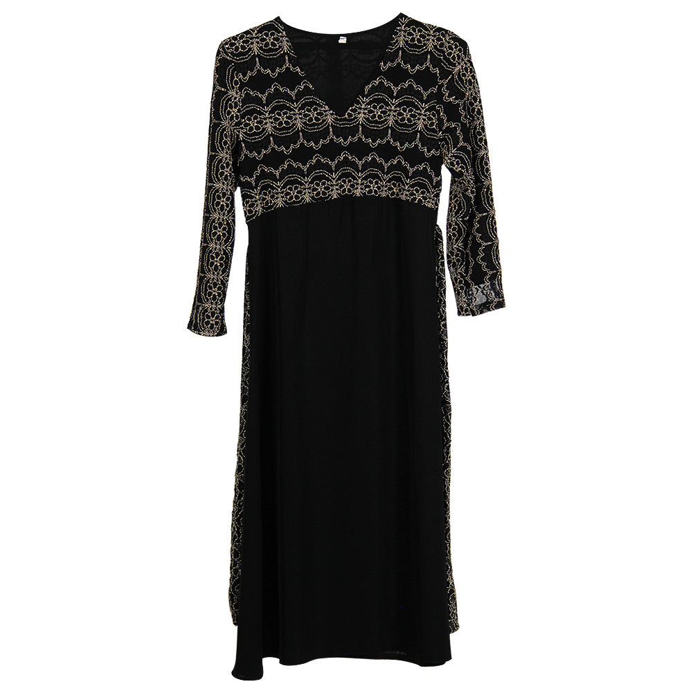 Girl's Gold Thread Long Sleeve Modern Abaya with Embroidered Belt - Hijaz