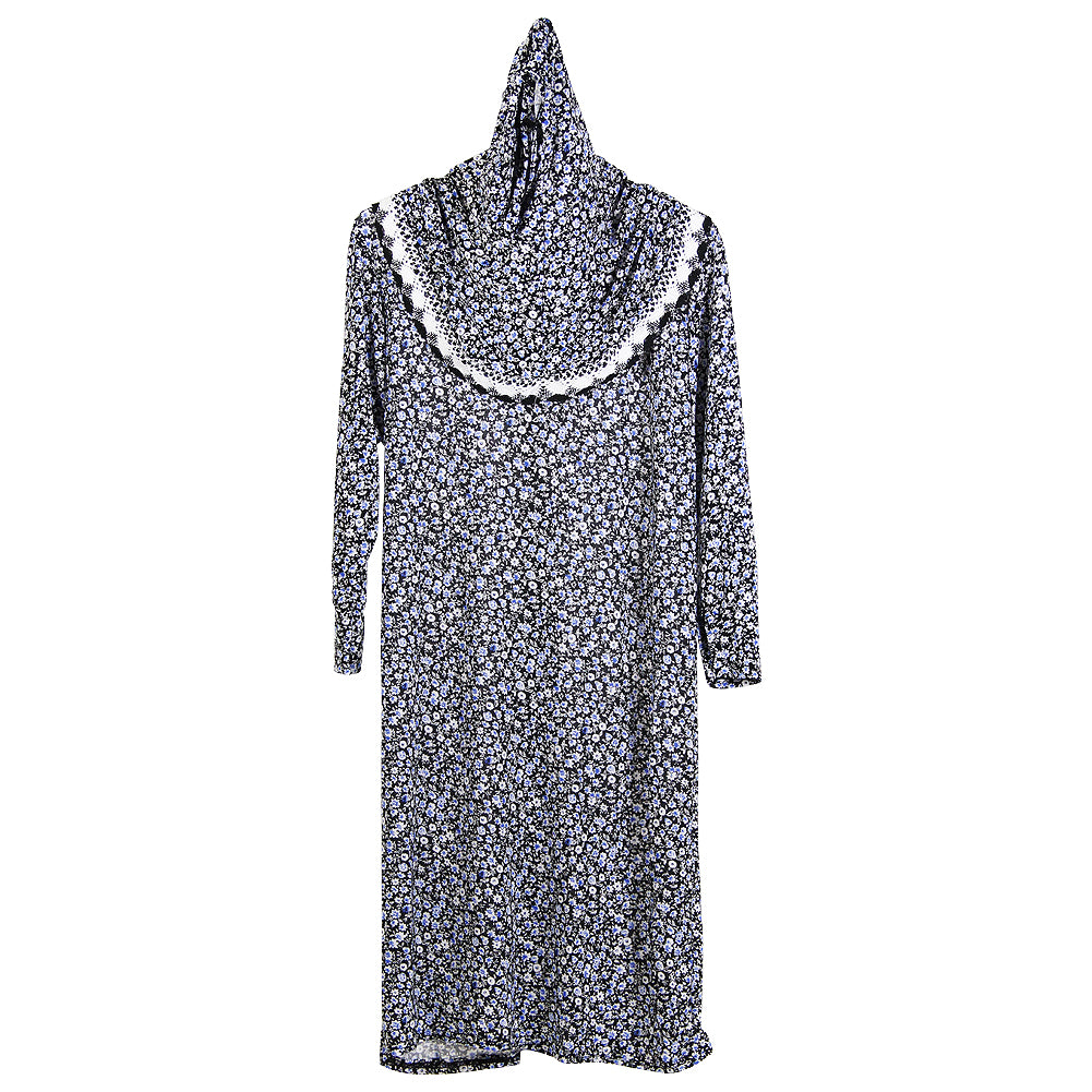 White and Blue Flower Meadow Design Girl's Prayer Clothes with Attached Hijab - Hijaz