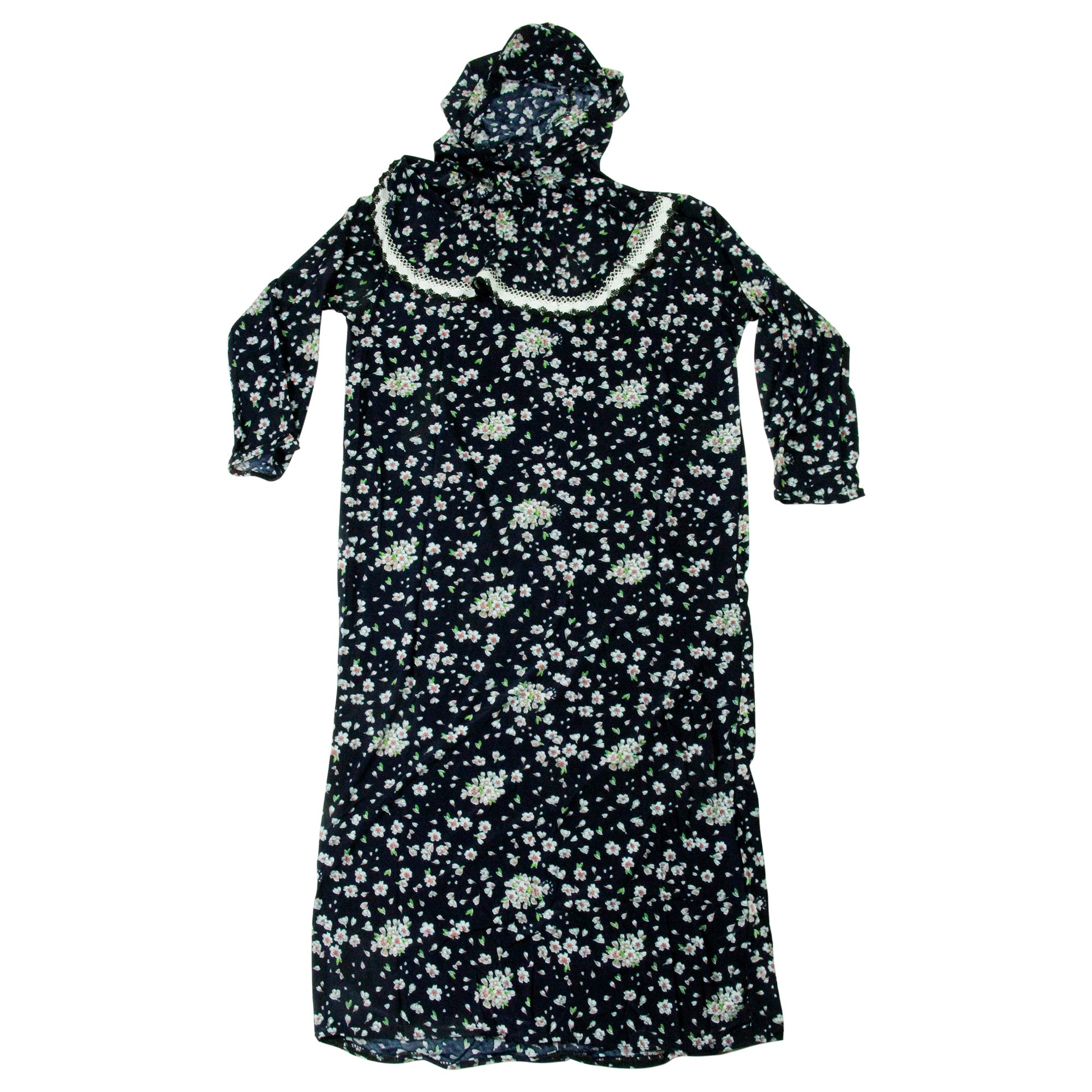 Girl's Navy Blue and White Floral One Piece Abaya Prayer Clothes with Hijab Hood - Hijaz