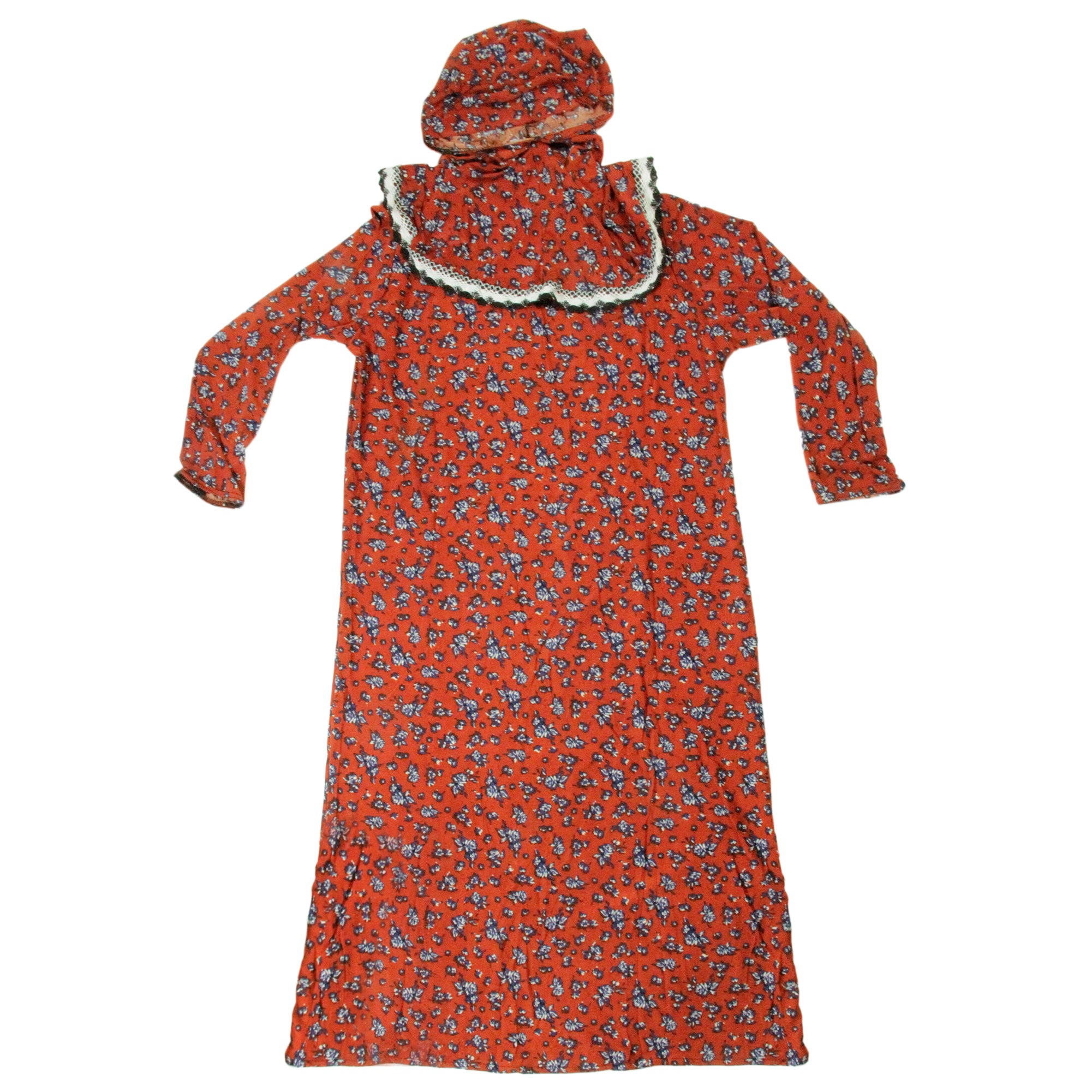 Girl's Red Orange Floral One Piece Abaya Prayer Clothes with Hijab Hood - Hijaz