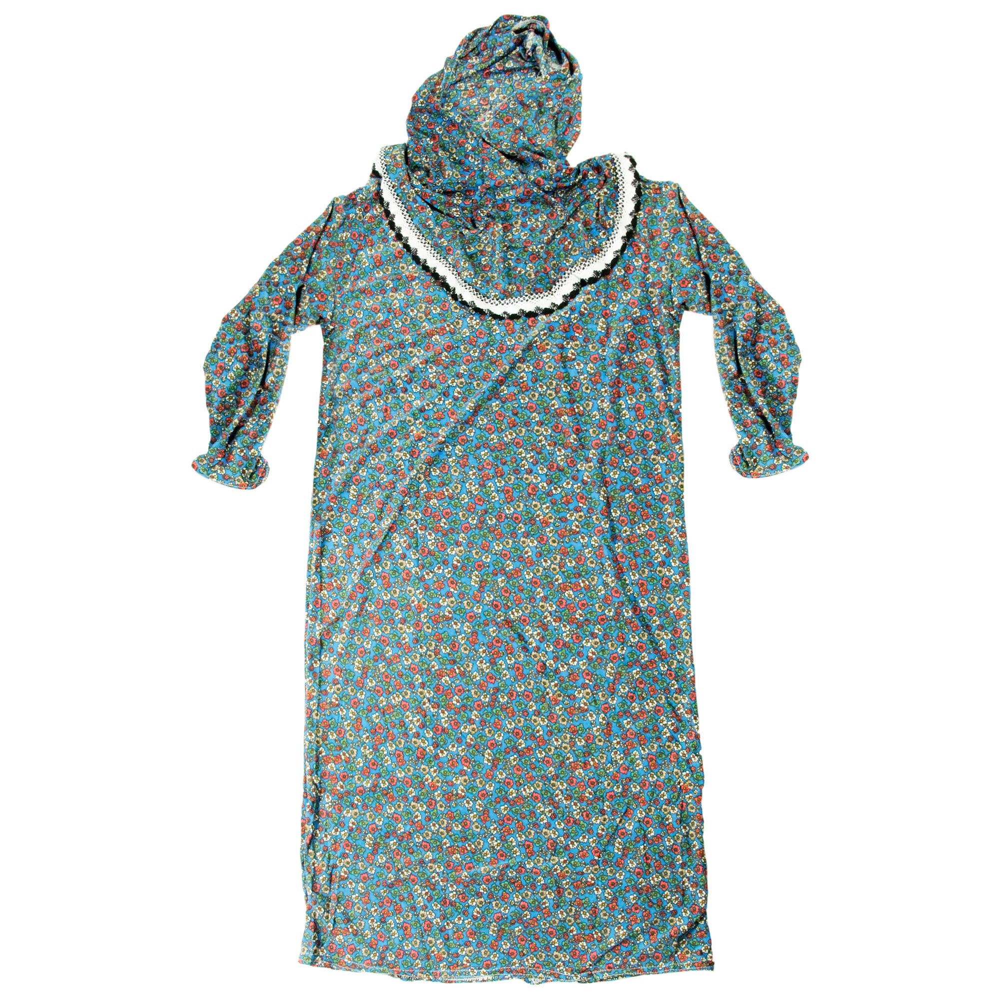 Girls Blue Floral Women's Loose Prayer Clothes Abaya Gown With Hijab - Hijaz