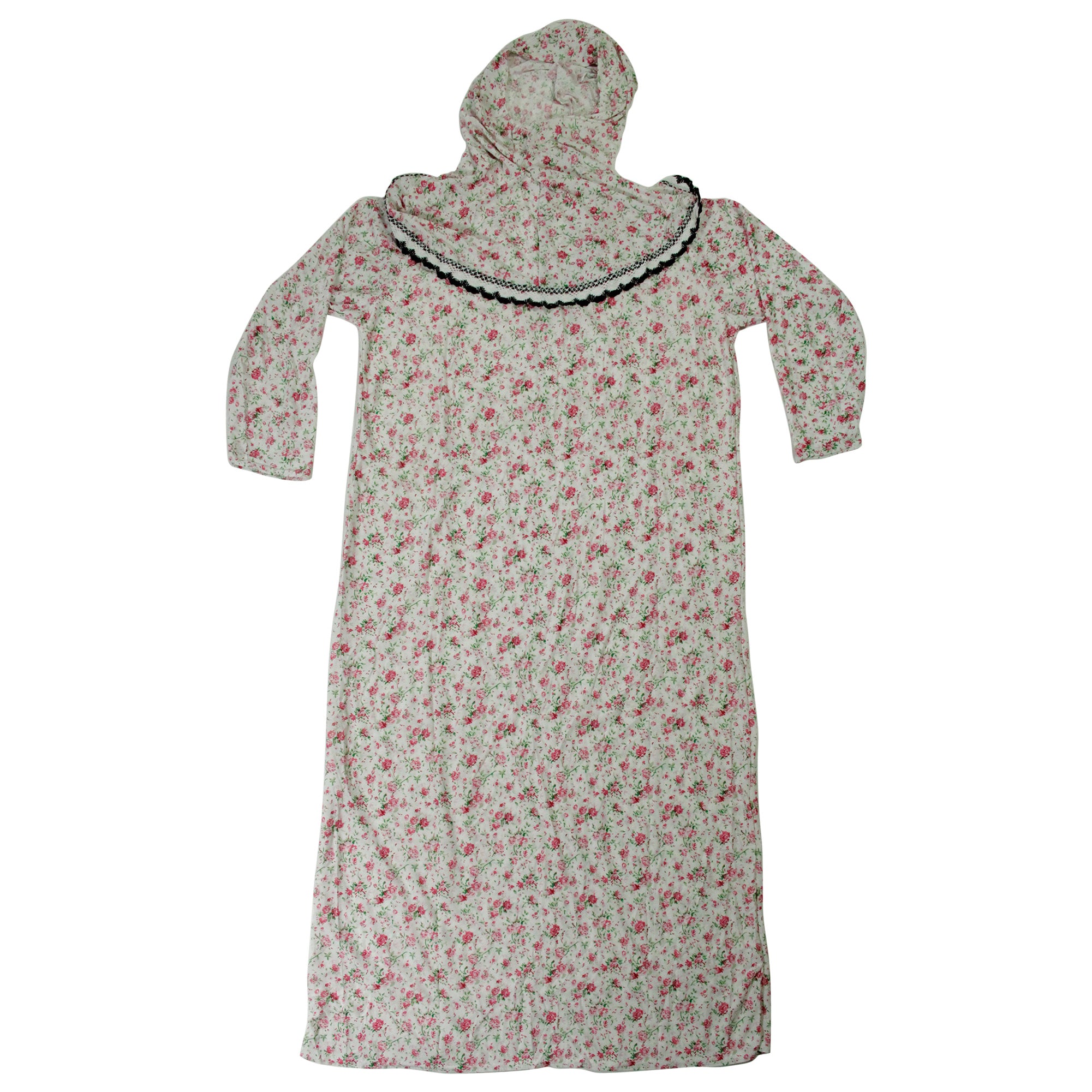 Girls White with Pink Floral Women's Loose Prayer Clothes Abaya Gown With Hijab - Hijaz