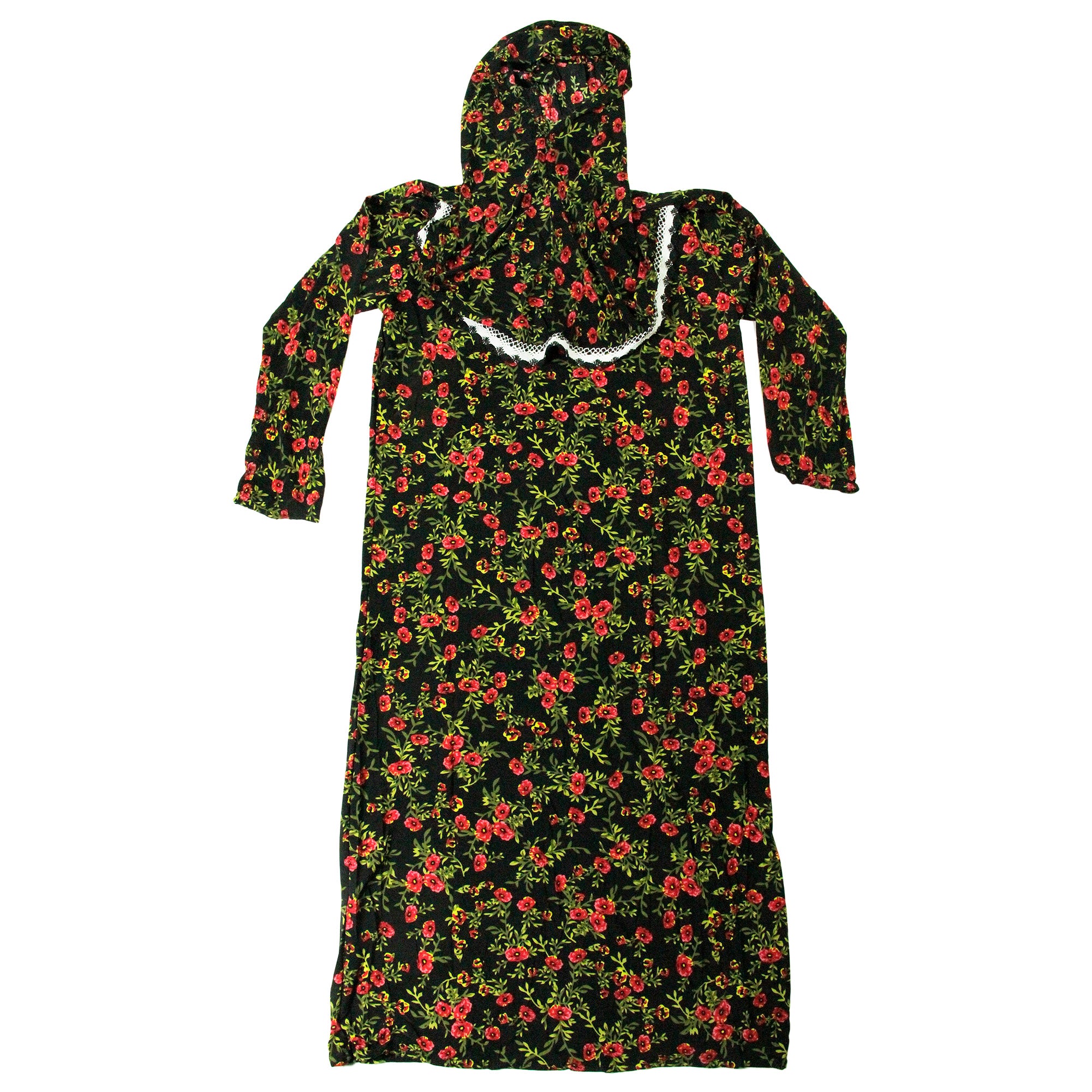 Girls Black with Red Floral Women's Loose Prayer Clothes Abaya Gown With Hijab - Hijaz