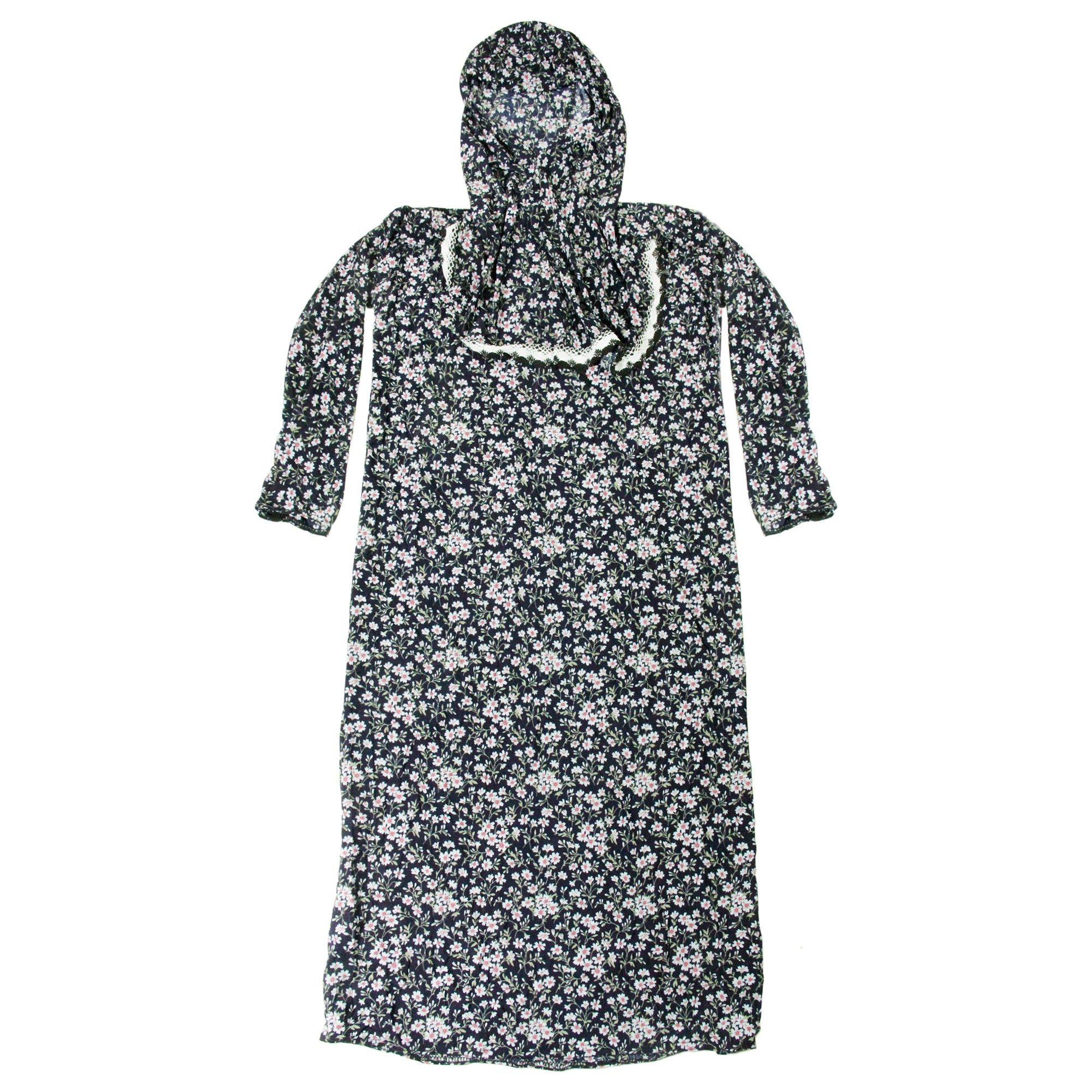 Girls Black with White Floral Women's Loose Prayer Clothes Abaya Gown With Hijab - Hijaz