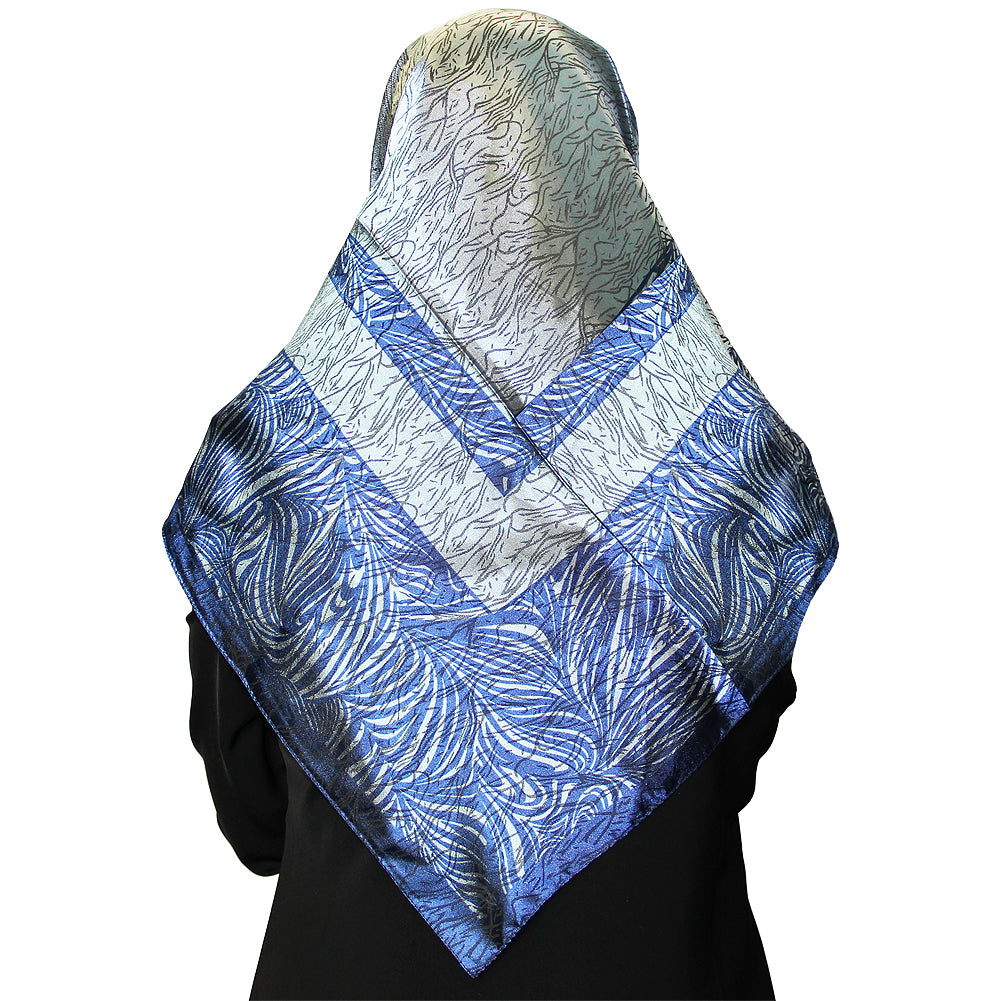 Gray and Blue Women's Headscarf Hijab with Wave Pattern Print - Hijaz