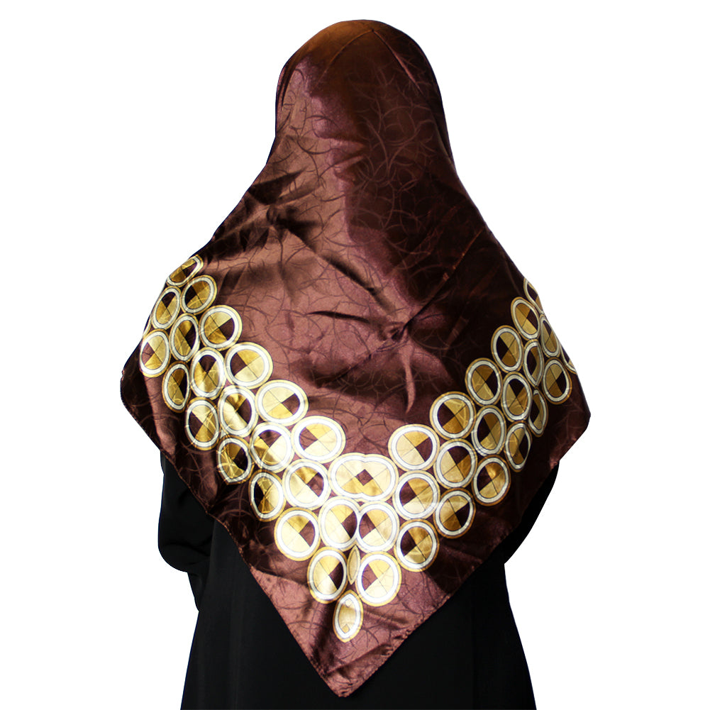 Brown Women's Headscarf with Gold Circle Pattern Print - Hijaz