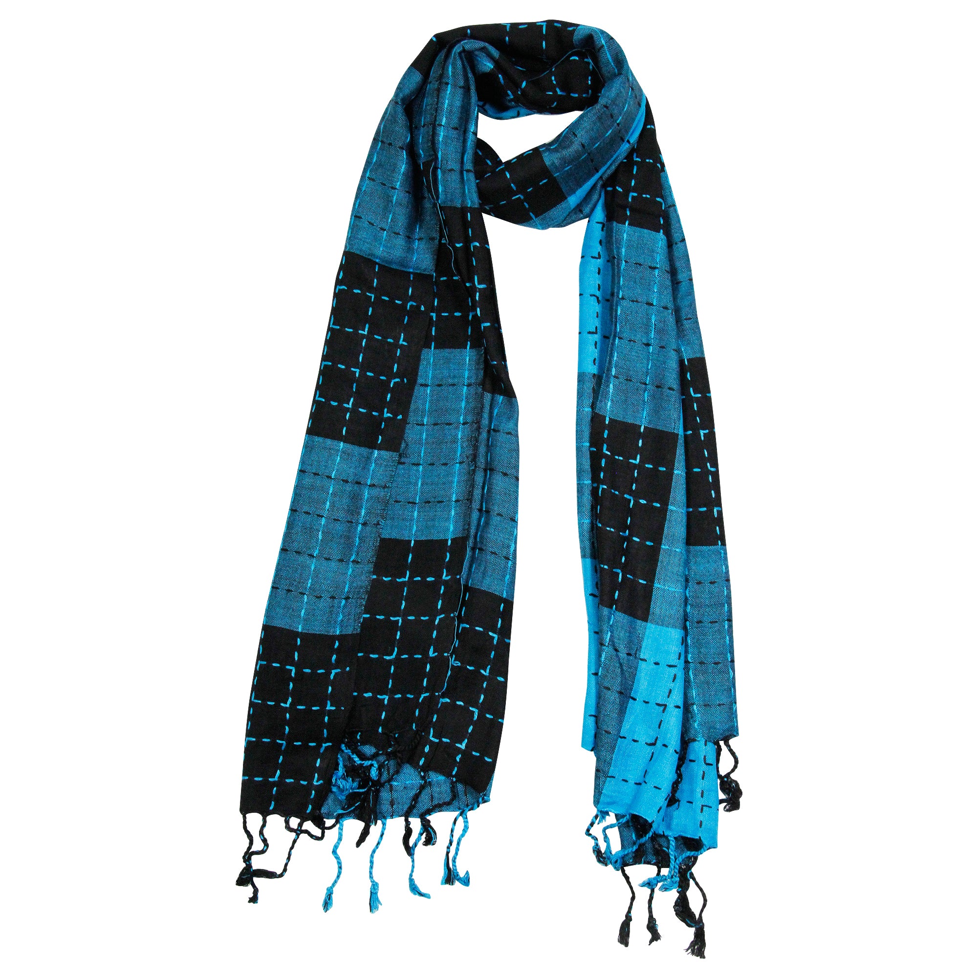 Turquoise and Black Plaid Checkered Design Rectangle Women's Scarf with Tassles - Hijaz