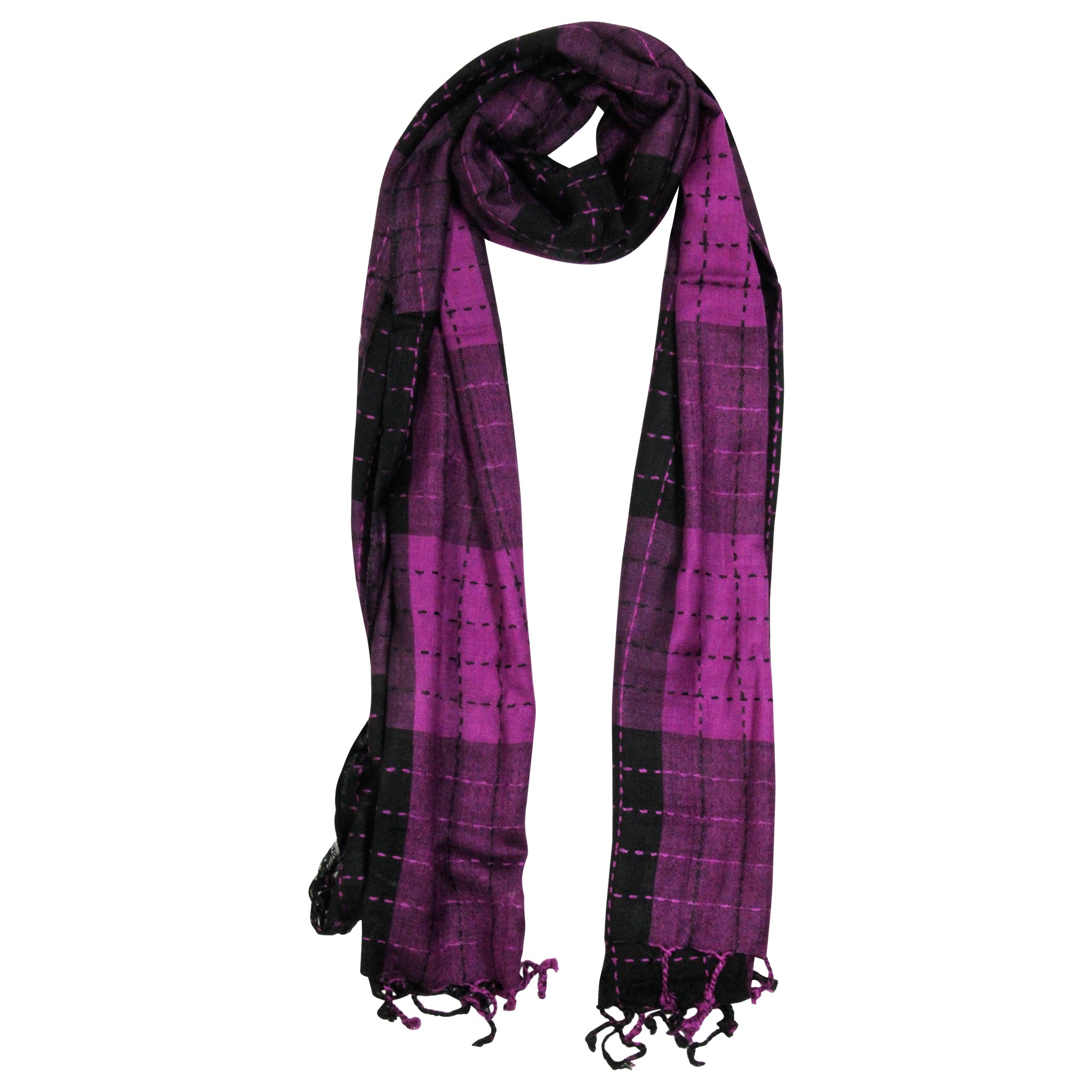 Purple and Black Plaid Checkered Design Rectangle Women's Scarf with Tassles - Hijaz