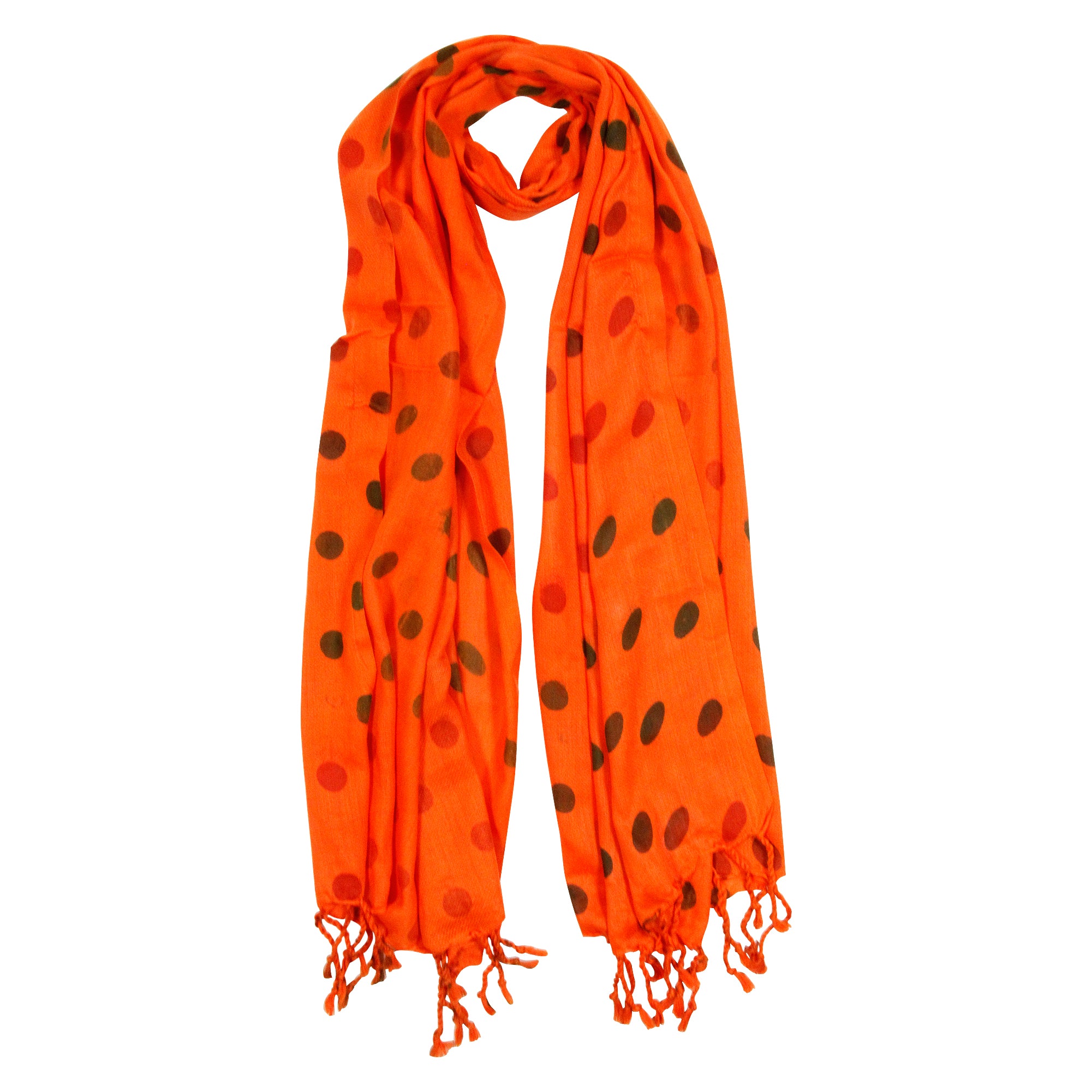 Orange Red and Black Polkadot Design Rectangle Women's Scarf with Tassels - Hijaz