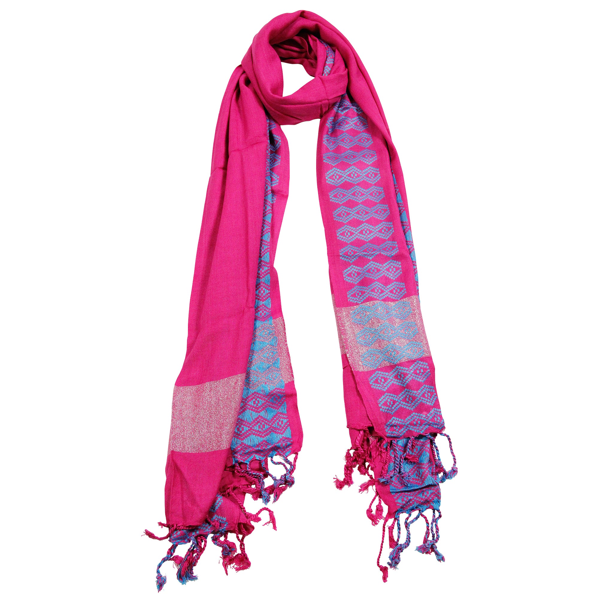 Fuchsia Purple Soft Rectangle Women's Scarf with Tassle Blue Stitch Design - Hijaz