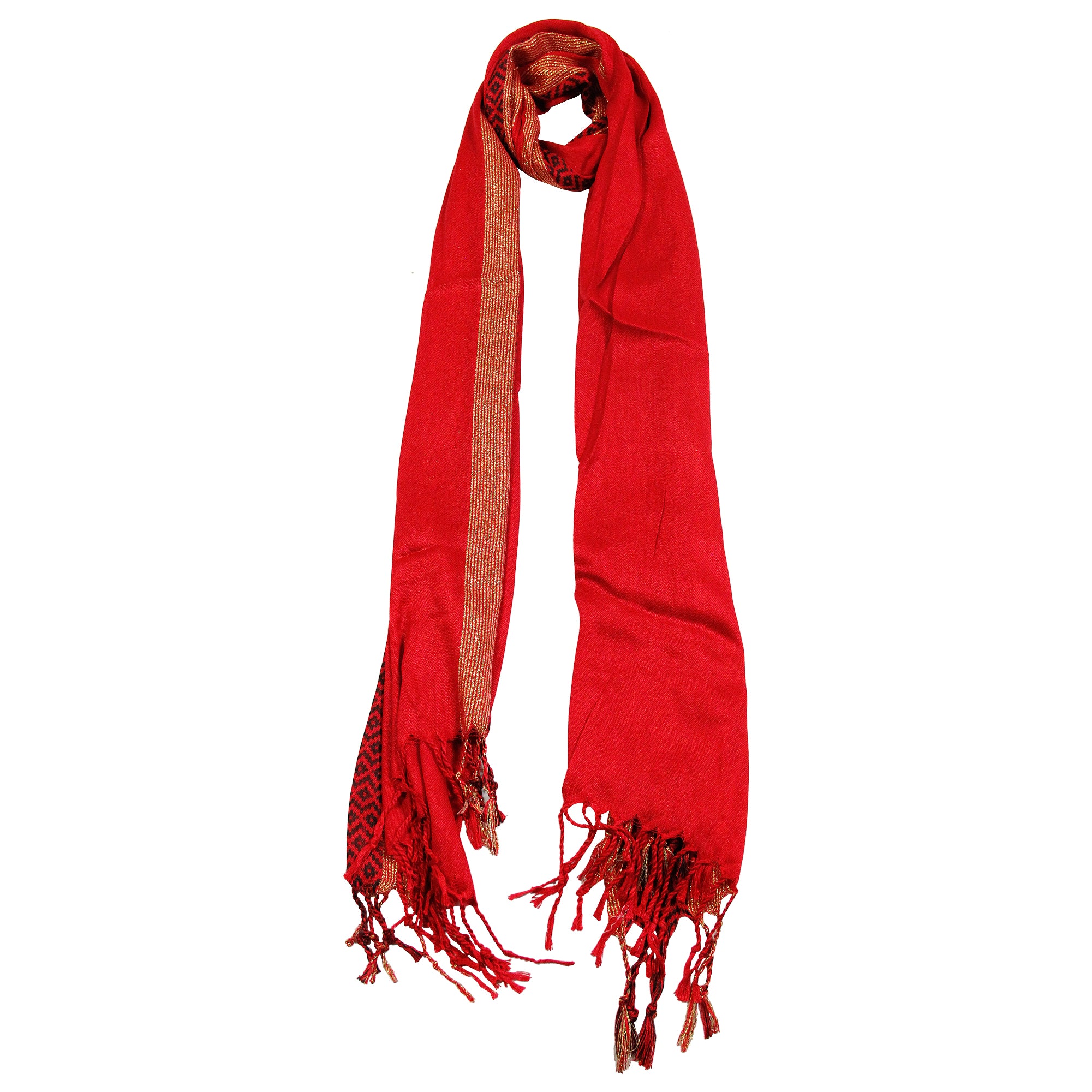 Pashmina Blend Red and Gold Rectangle Women's Printed Scarf with Tassles - Hijaz