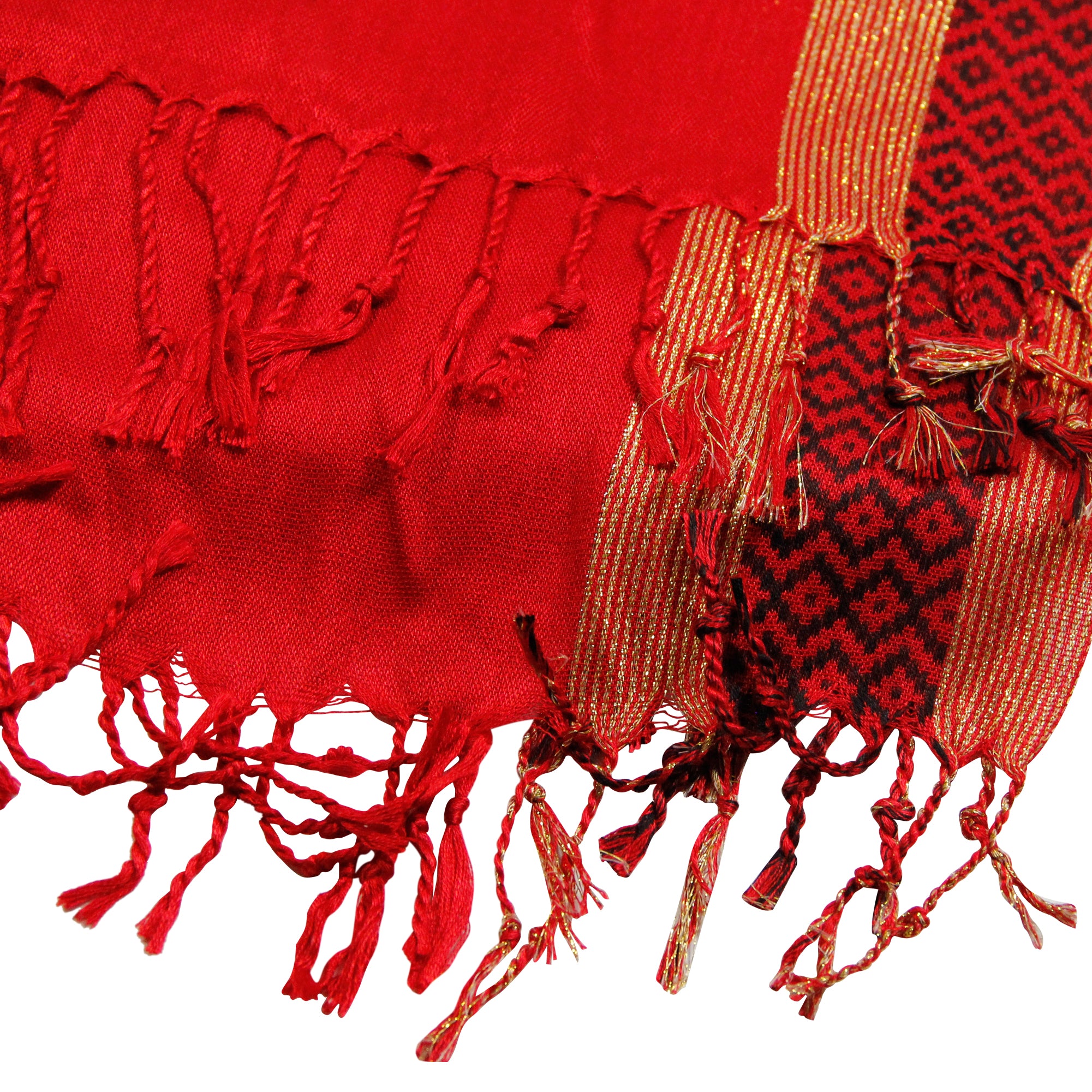 Pashmina Blend Red and Gold Rectangle Women's Printed Scarf with Tassles - Hijaz