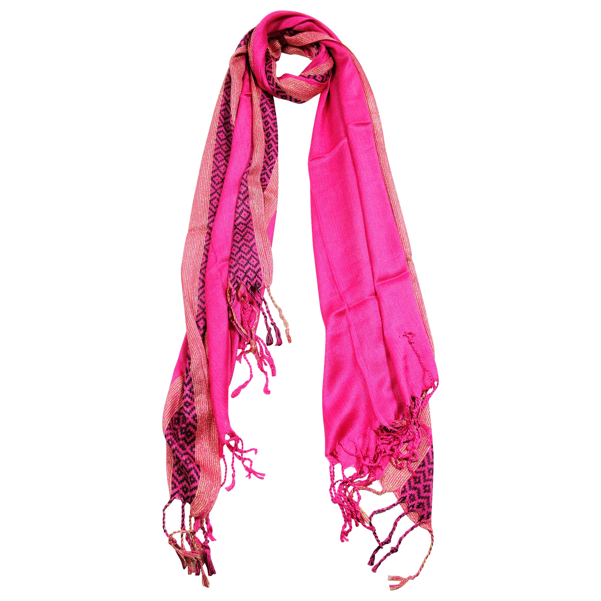 Pashmina Blend Pink and Gold Rectangle Women's Printed Scarf with Tassles - Hijaz