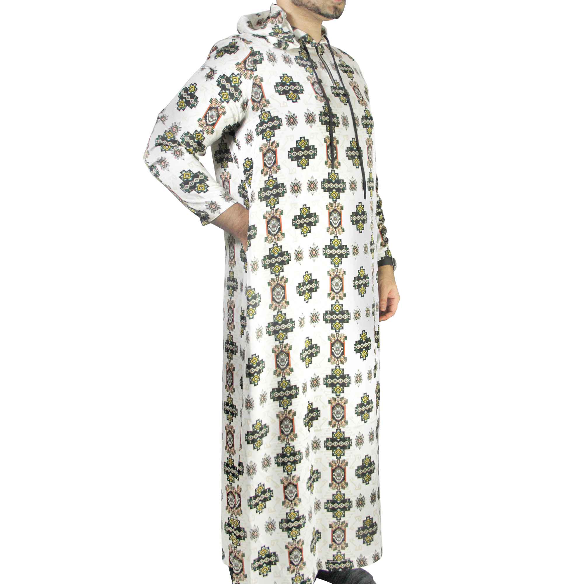 One Piece Lightweight Hooded Unisex White Tribal Pattern Jilbab Onesie Desert Robe - Hijaz
