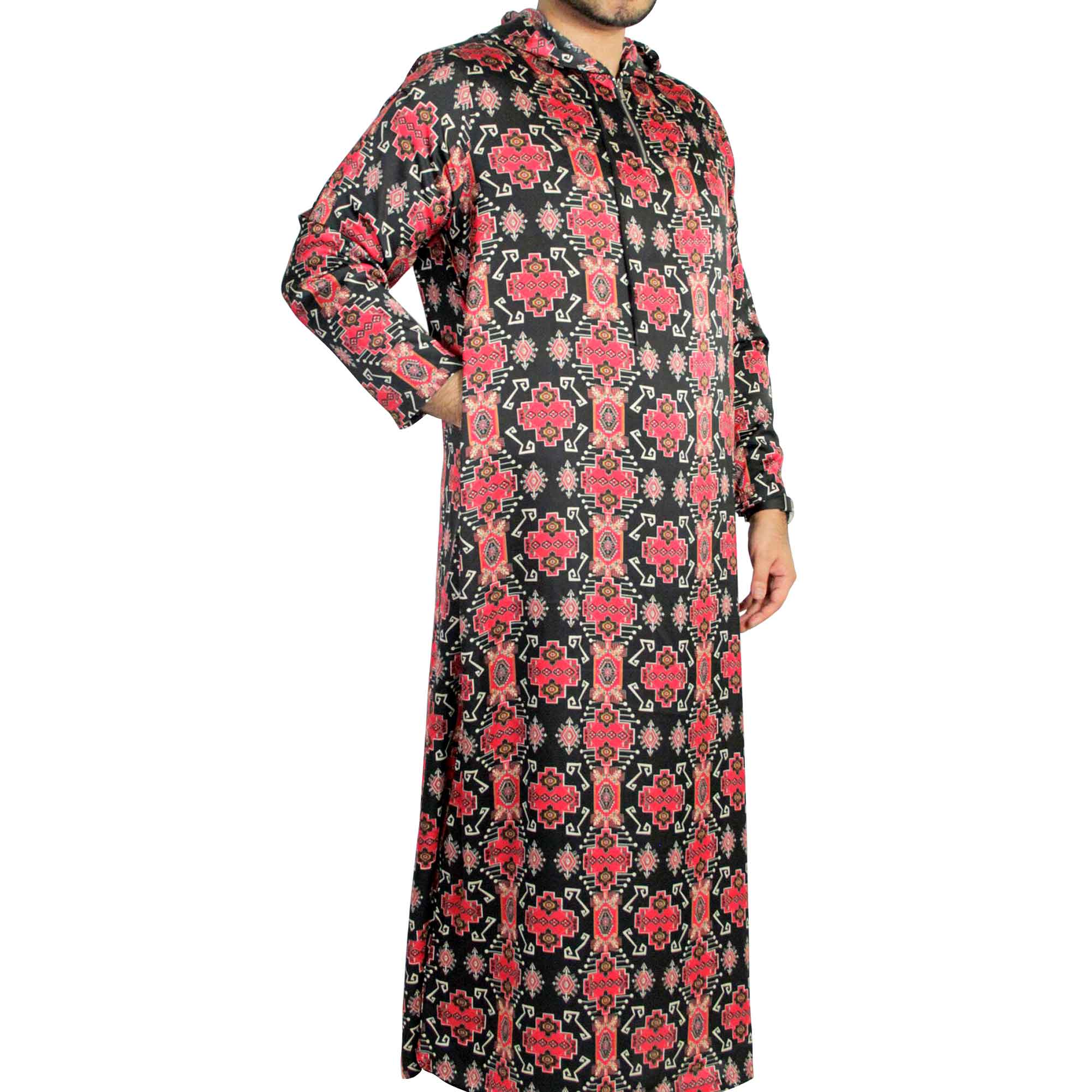 One Piece Lightweight Hooded Unisex Red Tribal Pattern Jilbab Onesie Desert Robe - Hijaz