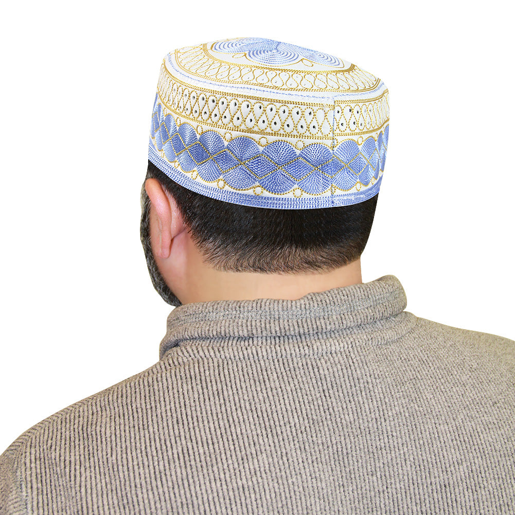 Mens Prayer Kufi Skull Cap Hat Blue Yellow Embroidered Fan Diamond Design -22" - Hijaz