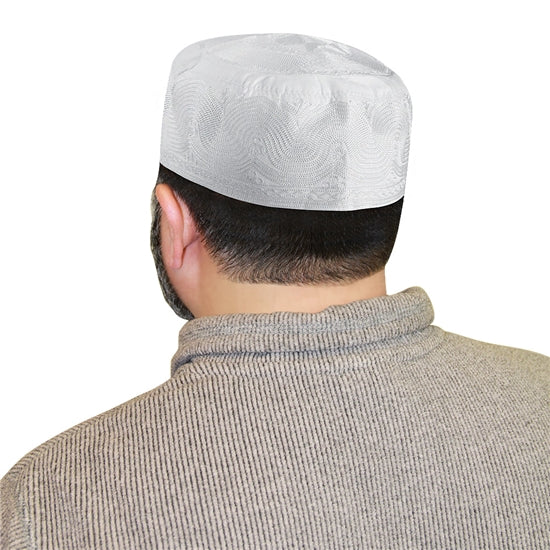 Mens White Topi Prayer Kufi Cap with Embroidered Arch Designs - Hijaz