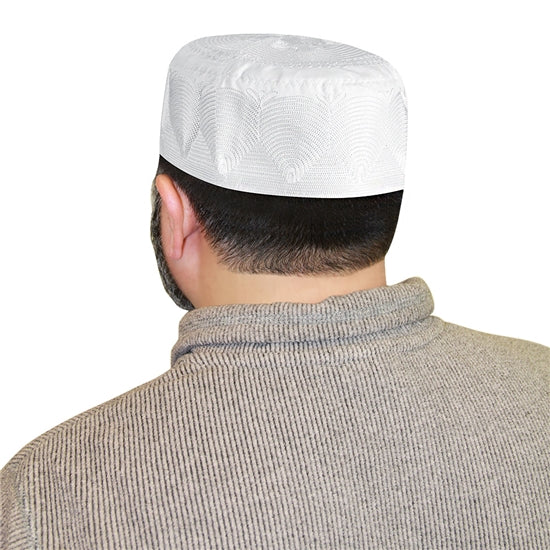 Mens Topi Prayer Kufi White Cap Hat with Embroidered Fan Designs - Hijaz