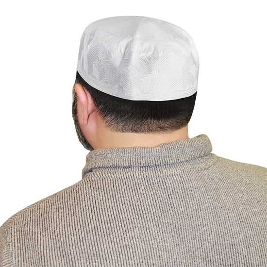 Mens Prayer Kufi Cap White Hat Embroidered Wave and Chevron Designs - Hijaz