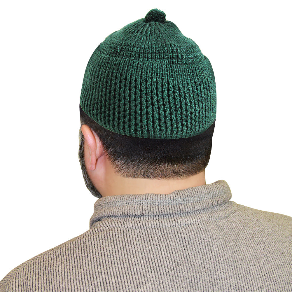 Forest Green Knit Mens Prayer Cap Kufi Hat Beanie With Puff - Hijaz