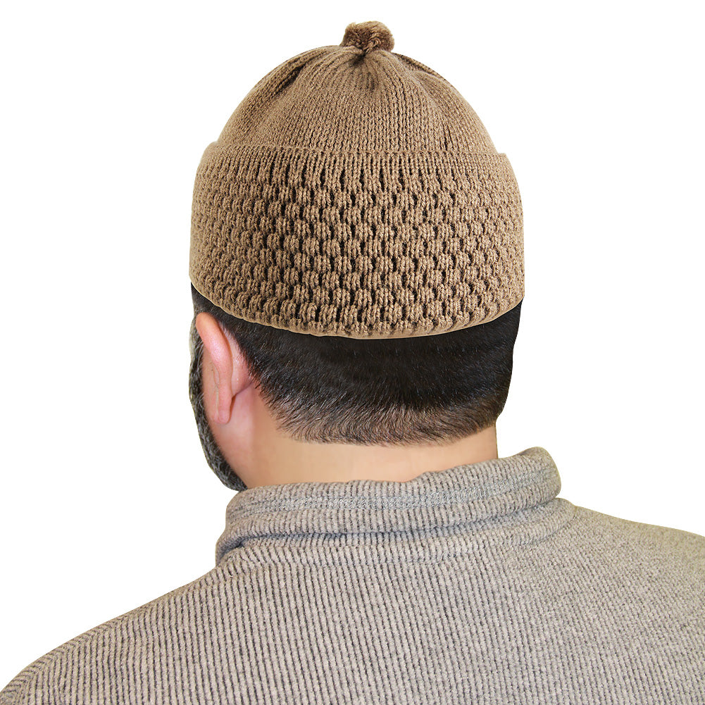 Brown Knit Mens Prayer Cap Kufi Hat Beanie With puff - Hijaz