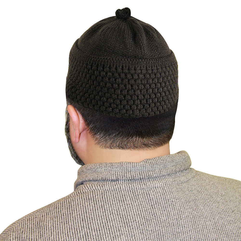 Dark Brown Knit Mens Prayer Cap Kufi Hat Beanie With Puff - Hijaz