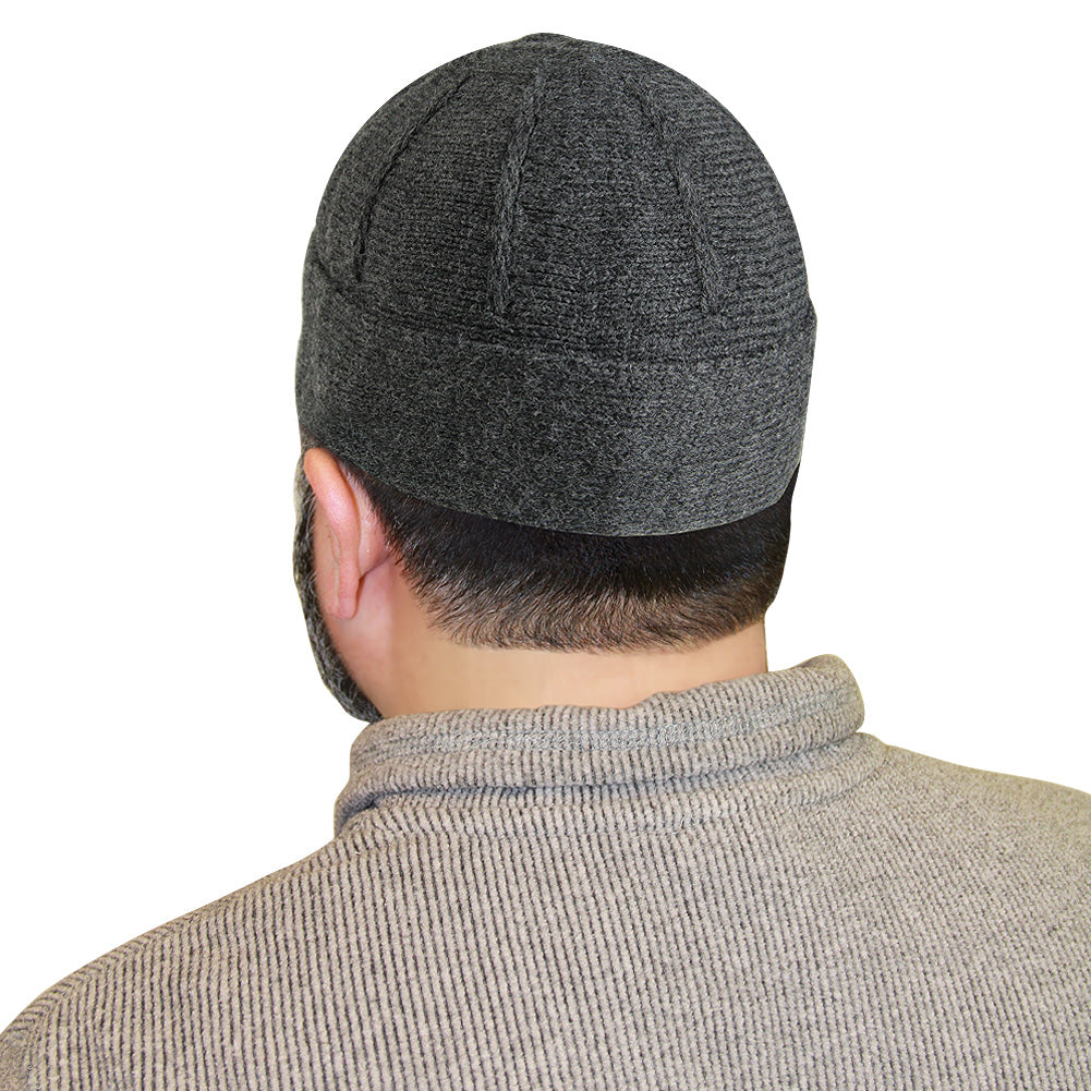 Slate Gray Mens Prayer Cap Kufi Hat Beanie With Vertical Seams - Hijaz
