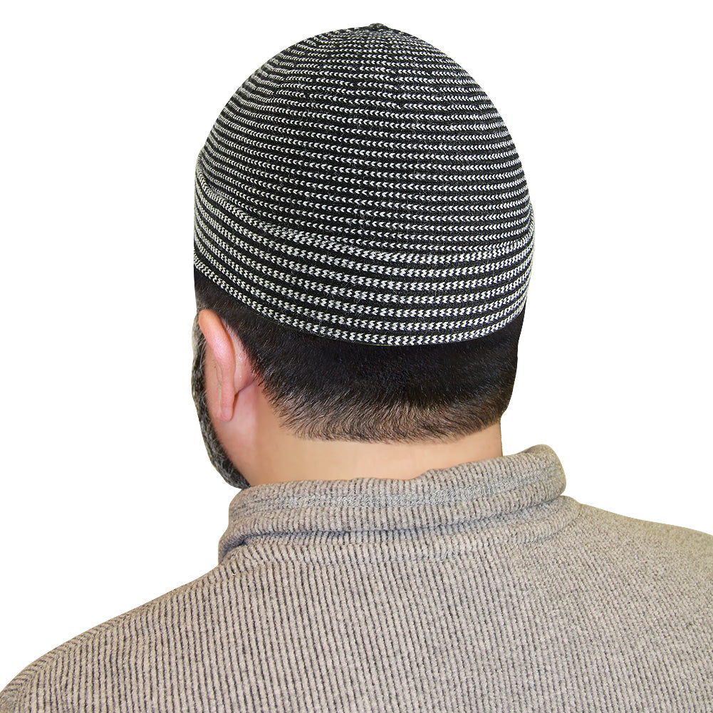 Black and White Micro Chevron Mens Prayer Cap Kufi Hat - Hijaz