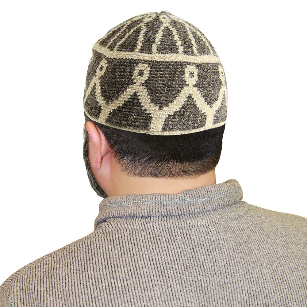 Warm Gray Mens Prayer Cap Kufi Hat Beanie with Tan Designs - Hijaz